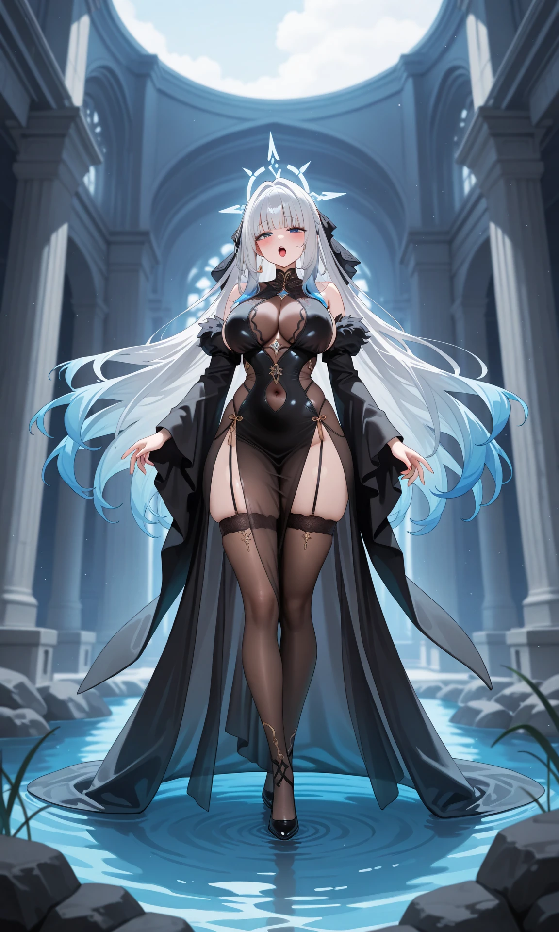 Highest quality, masterpiece, Ultra-high resolution, female、Big Breasts、Wolf Beastman、Trapped and turned to a dark side、Fallen into Darkness、Cruelty、Ferocity、Manipulated Body、A body filled with magical powers、Silver Hair、闇のfemale王にされた、Cape、Wearing lots of evil accessories、High heels、Cold gaze、Castle veranda