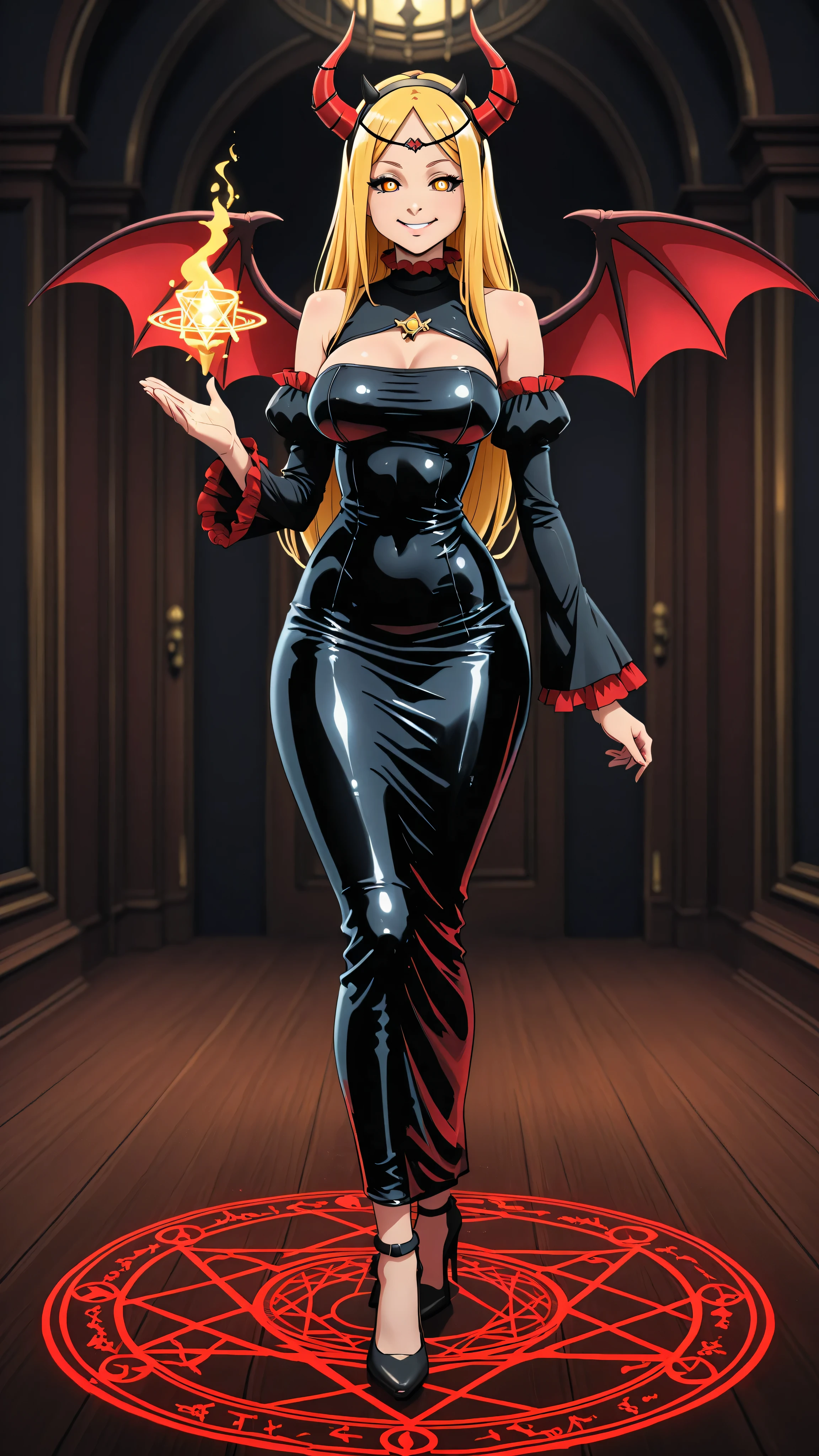 punk sorceress, red and black,  long dress, leg slit, panty shot, panty slip, wardrobe malfunction,  panties, blonde hair, areaola, walking
