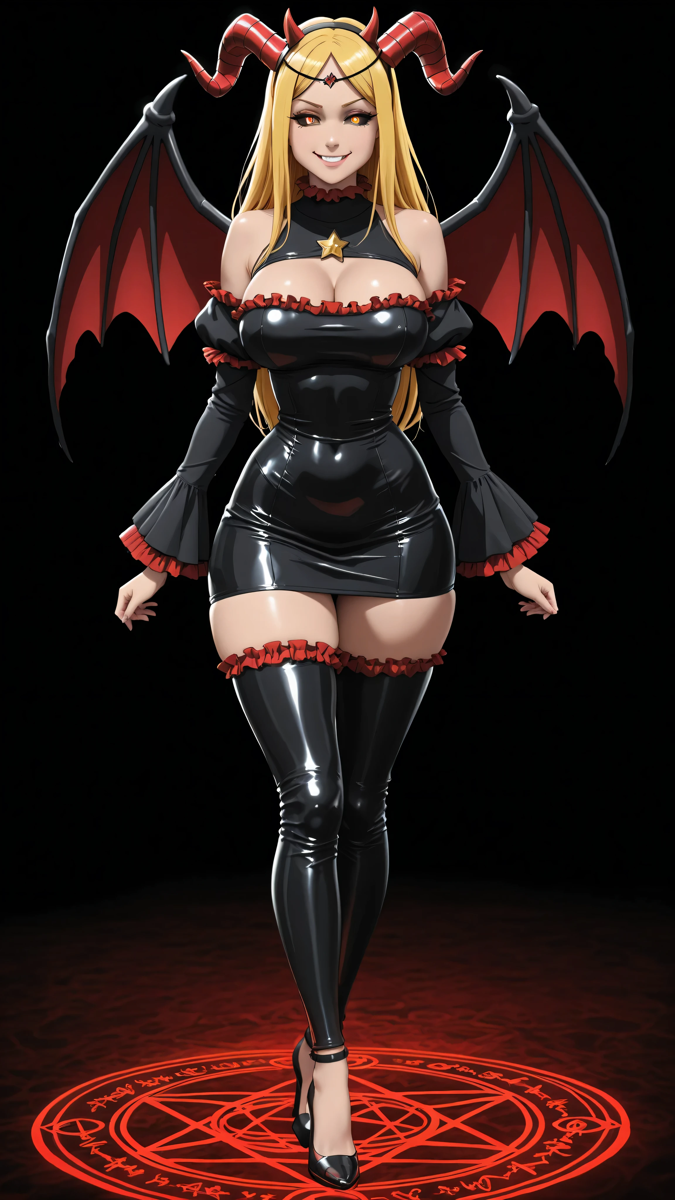 Image of a woman from head to toe, model sheet image, two front and back figures, succubi, WLOP style, slightly fat, very short and sexy clothes, vampire costumes, drag pantyhose, big breasts, big ass, sensual, castlevania symphony of the night style hair, wavy hair, very light blonde. Clothing details black and red burgundy.
