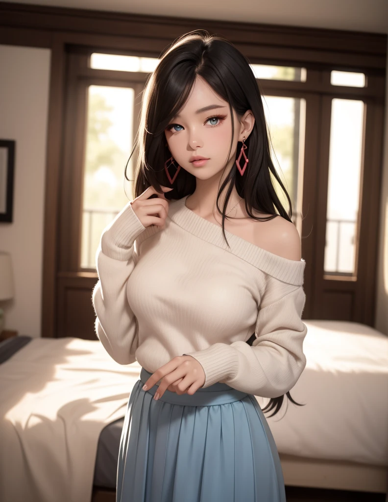 Smiling minchen, ridiculous, closed mouth, balanced eyes, (Best Quality Detail: 1.2), Realistic, 8K HD, Ultra Detailed, High Quality Texture, Complex Detail, Detailed Texture, Fine Detail, High Detail, Very Detailed CG, High Quality Shadows, Delicate Beautiful Delicate Face, (Delicate Beautiful Delicate Eyes: 1.32), Depth of Field, Ray Tracing, (A Beautiful 25-Year-Old Cute Chinese Beauty: 1.4), Small , Tall Female, Beautiful Legs, Glow Eyes, Blush, Perfect Petite, Scrawny, Blurred Outdoor Background, Silver Tight , Blue Taste Denim Coat, Cardigan Coat: 1.1, [Brown skirt]: 1, stockings and suspenders: 1.2, long hair, comfortable living room, sunshine, kneeling on sofa, earrings, necklace, model, looking at the audience, dynamic pose, earrings, necklace, model, looking at the audience, from the side, dynamic pose, front --auto --s2