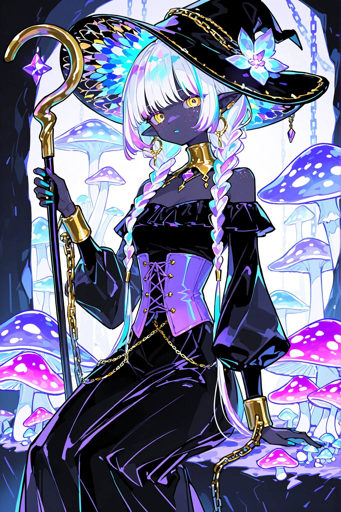 She has dark purple skin with freckles. she has pointy ears with gold earings. he wears only gold jewelry: a gold slave collar with a chain, gold shackles on her hands with precious stones.  She has longest two tone TURQUOISE HAIR with purple highlights, her bangs are braided in sparse braids. she has yellow-amber eyes. TURQUOISE lipstick. She wears an off-the-shoulder black blouse with long black puffy sleeves, a purple corset, and a knee-length black skirt. On her head she wears a black flat wide-brimmed hat with lace. She holds a black cane with an amethyst in her hands.  She holds a staff with a magic amethyst stone in her hand. On the background: cave, dungeon and mushroom grove. Bioluminescent flowers are growing. lots of huge colorful mushrooms as tall as a tree. The fern is in bloom.