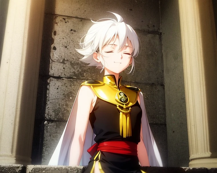 An imposing female Roek'nir with pure white hair, adorned with a ceremonial veil of golden leaves, colares de dentes, and a spiral staff of living wood with a shiny egg floating on the tip. It has closed eyes and a smile of serenity. Smaller rodents crawl over her body as a living extension of her. She is seated in lotus position on a floating stone, meditando. Fundo: an underground sanctuary illuminated by embers blue and walls sculpted with runes. Clima: sacred and silent, like an ancient stone cathedral