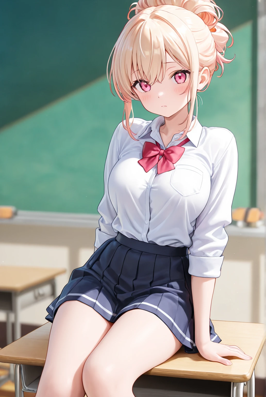 详细的脸、long eyeslashes、A detailed eye、(Clear eyes)、(Pink eyes)、Light blonde hair、(a pixie cut)、Hang your hair over your ears、Large breasts、Slimed、hoop earrings、a choker、morning、big breasts thin waist、Red ribbon sailor suit、Red checked skirt、Classroom、