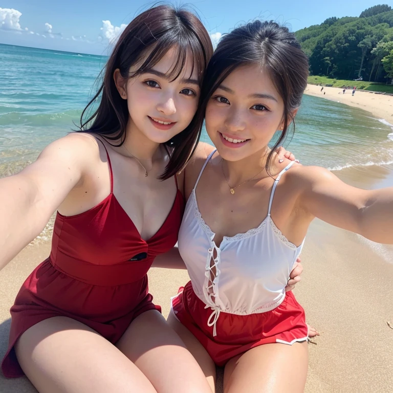 photorealistic perfect body、Japan person model３One guy、14-year-old girl wearing navy blue skinny swimsuit、playing on the beach，At the same time, hug happily、Wave and laugh、swim ring