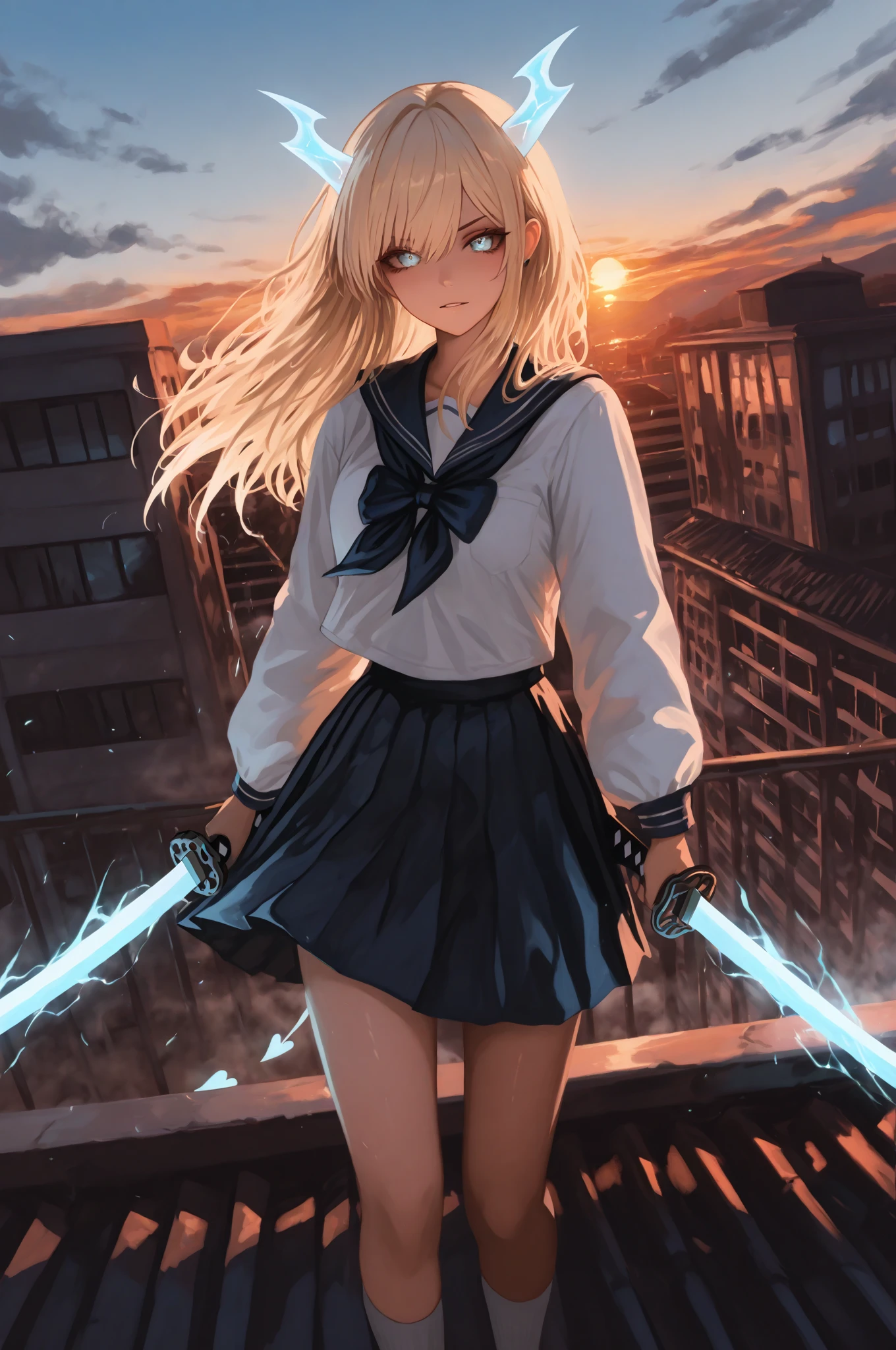 On the battlefield of the storm, A woman dressed in a Lolita costume wields a weapon infused with the power of the fire element.( Lightning danced beside her), Echoing the strength of her determination，Because she embodies the power of the forces of nature in battle.offcial art, 8k wallpaper, Ultra detailed, Beautiful and aesthetic, Beautiful, Masterpiece, Best quality，(Focus on thighs up)，Clear face，Eyes detailed，(Wind，Fluttering strands of hair，bikini top, Flowing skirt)，