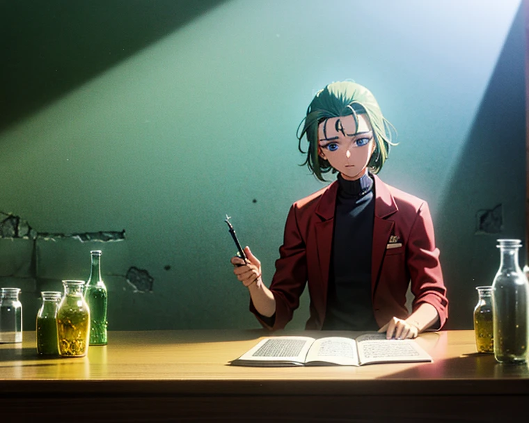 "Roek'nir with a greenish coat and matte blue eyes. He wears a ragged coat with pockets full of scrolls, jars and surgical tools. A mechanical arm made of bone and crystal protrudes from his right shoulder. They have flaming rune marks on the forehead. It's curved a stone table that magically molds the body of a wounded Roek'nir, with energy coming out of your hands. Fundo: underground laboratory with orange lights and bubbling bottles on the walls. Clima: clinical and slightly disturbing, with grotesque shadows projected in the background."