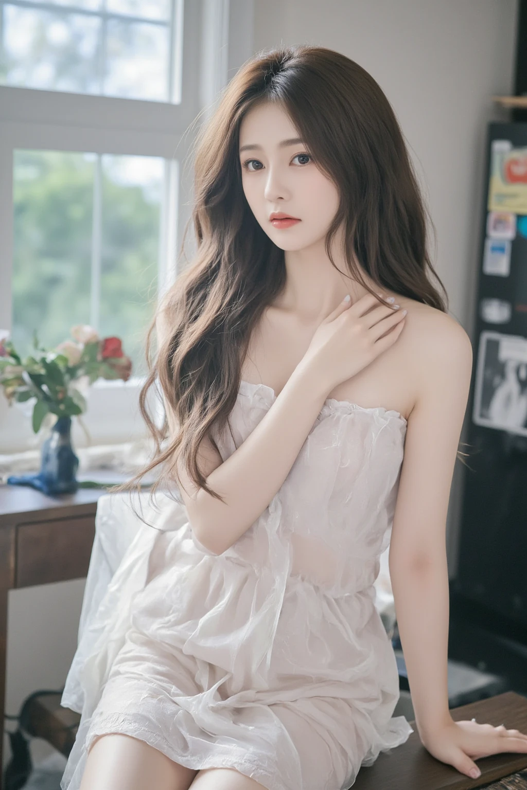 1 Girl,study,Soft Light,Chinese Beauty,Suspender dress,Long hair