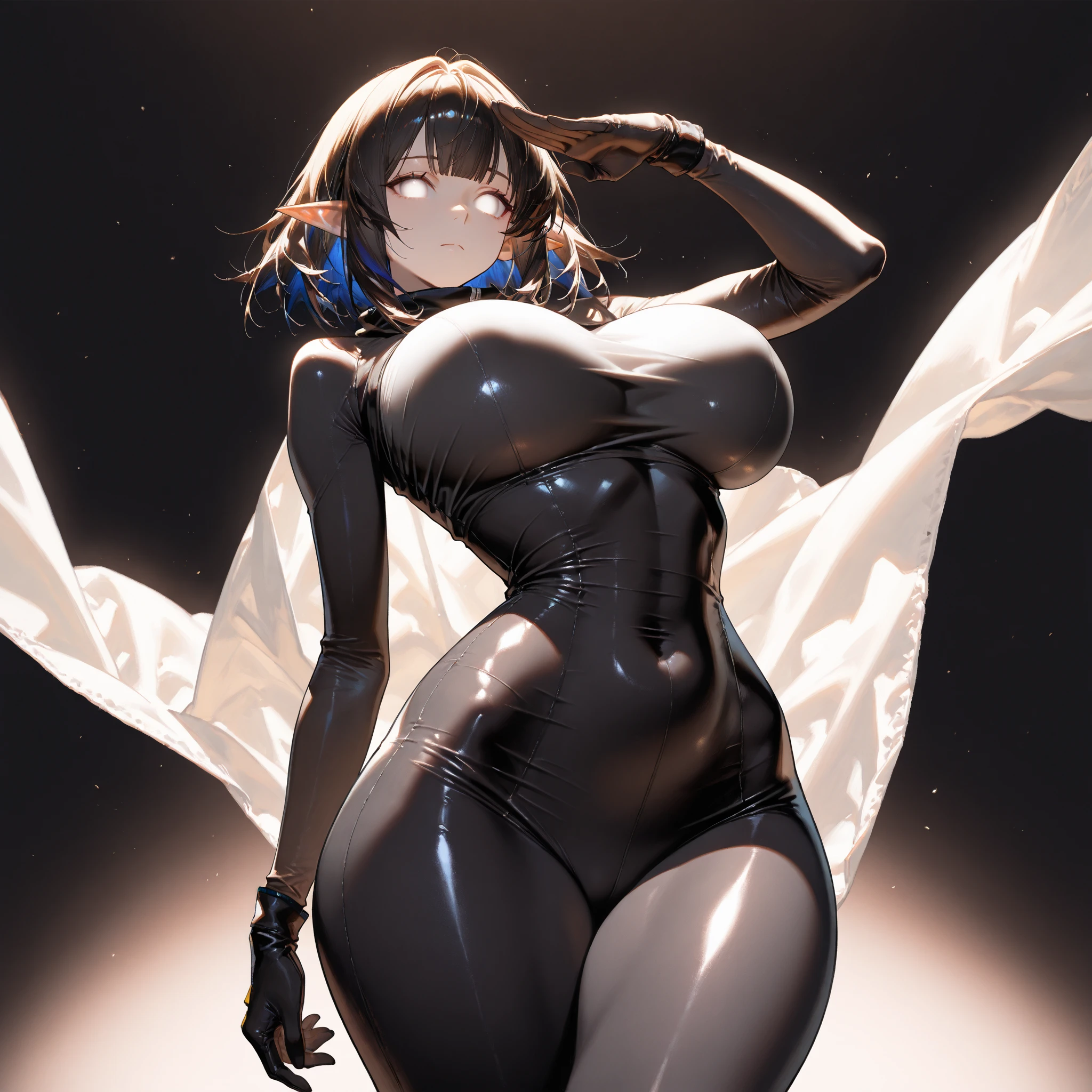 1woman, majestic figure from a low angle perspective, (zoom: 1.1), (studio lighting: 1.2), wide hips, widest hips, marked by the graceful curve of her silhouette beneath a vibrant, colorful backdrop. A woman of stature, her strong, powerful legs, encased in thighs that are thick yet defined, emanate an air of strength and confidence. Her skin, pale as porcelain, glows under the professional studio lighting, casting subtle shadows that enhance her curves. The overall image, a masterpiece of beauty and power, is not to be missed.