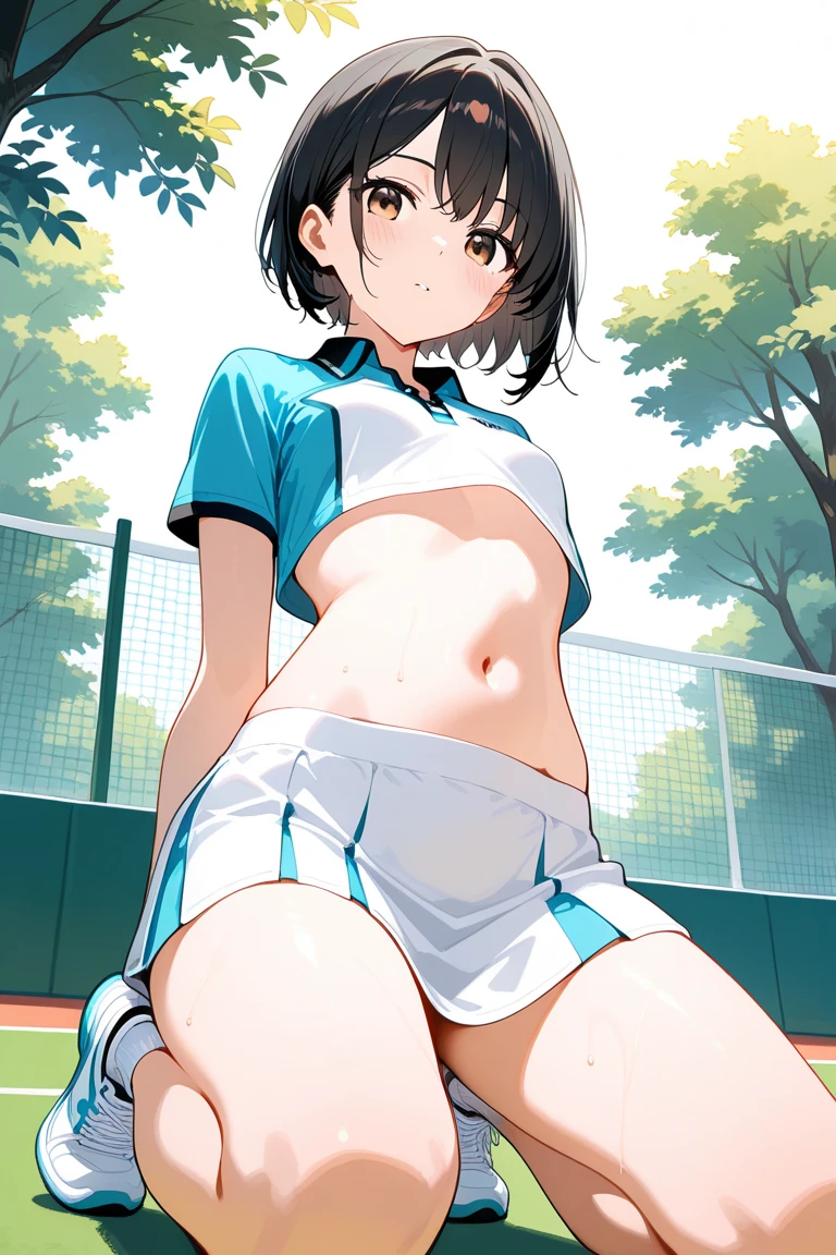 女の子1人、独奏、White polo shirt、White sneakers、Tennis Wear、White mini skirt、masterpiece、top-quality、realisitic、Hyper-detailing、(Glossy skin、be sweaty:1.4)、(pissing:1.7)absurderes、Looking at the camera、short dark hair、brown-eyed、A slender、动态照明、hight resolution、foco nítido、depth of fields、A detailed eye、Sharp eyes、Realistic eyes、(small tits:1.6)、(thick thight:1.0)、outside of house、Skysky