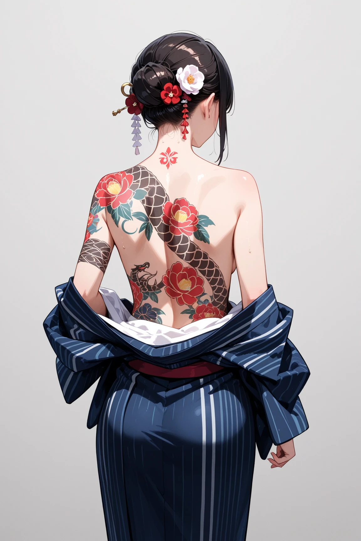 the back of a woman with all buddha tattoos on her body, yakuza tattoo on body, full body tattoo, of Japanese girl with tattoos, highly detailed full-body art, oriental tattoos, highly detailed tattoo, fully tattooed body, skinny female artist back view, colorful intricate masterpiece, full body art, style of takato yamamoto, tattooed back, geisha tattoo