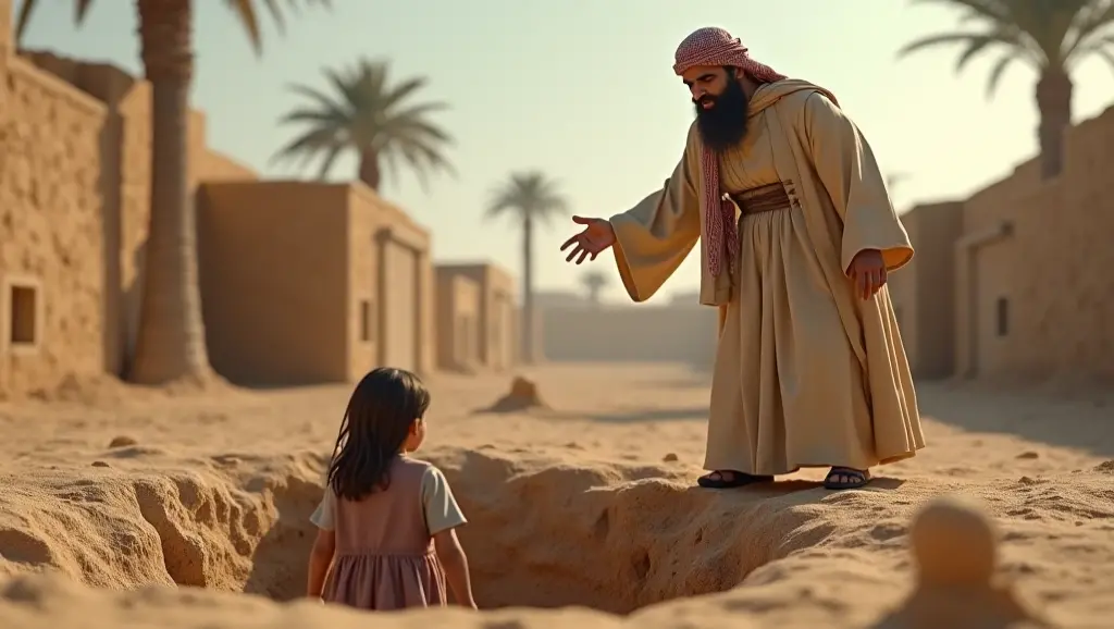 Animated image of a big black-haired Muslim man carrying an old grandmother on his back wearing white ihram clothes looking at the Kaaba
