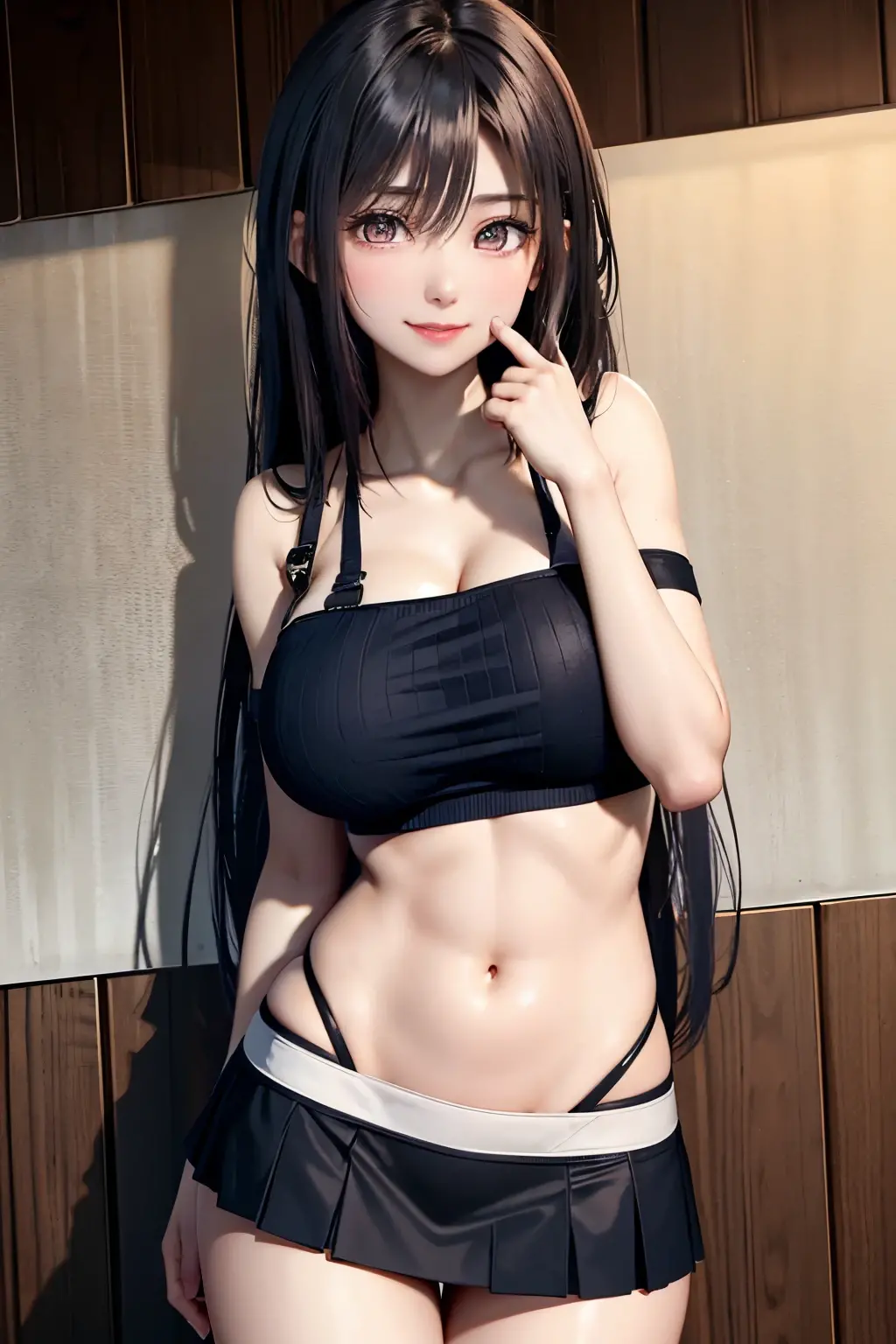 komi shouko ,(A white border around a dark red rectangular background:2.5),Promotional poster style,D-cups,Ultra shorts,black lence stockings,High detail,Moles under eyes, Heart-shaped pupils,Love pupils,Fleshy thighs,highly rendered,detailed face with