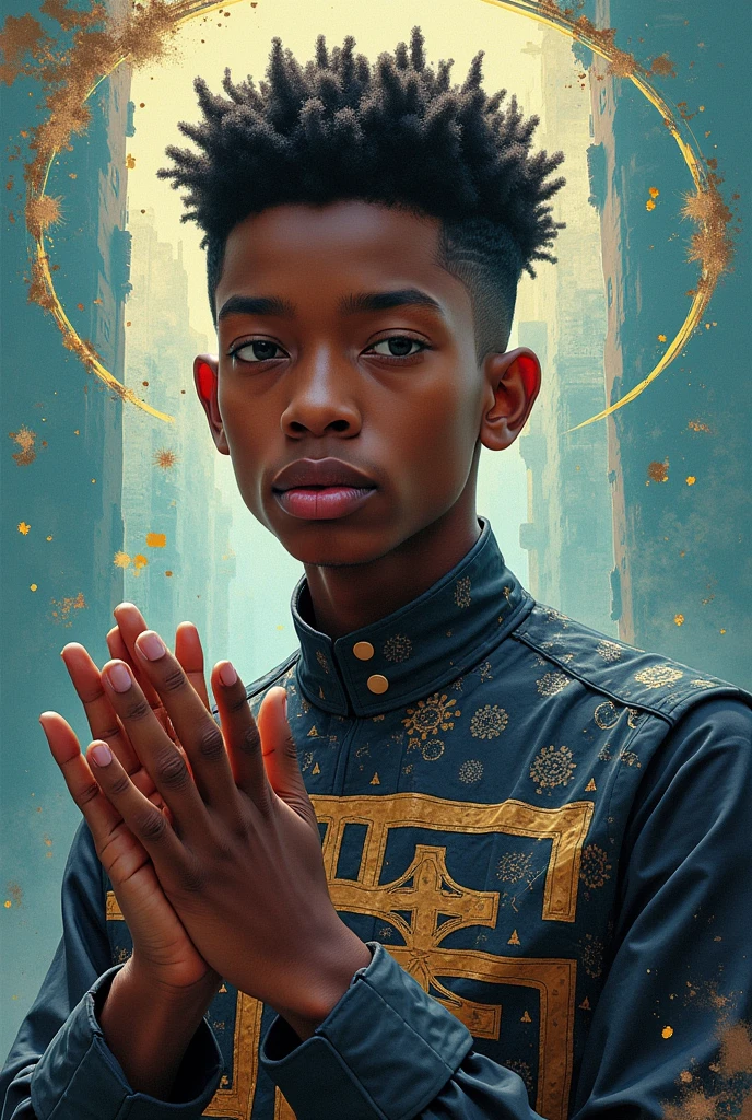 black boy with his back, shorth hair, with a crown on his head and a cedar, with a golden cloak with the 7 chakras, luxurious setting, and with art and beautiful elements. He looks and beholds the coosmic golden celestial realms, with astrology elements, renaissance painting, oil painting inspired by leonardo da vinci.