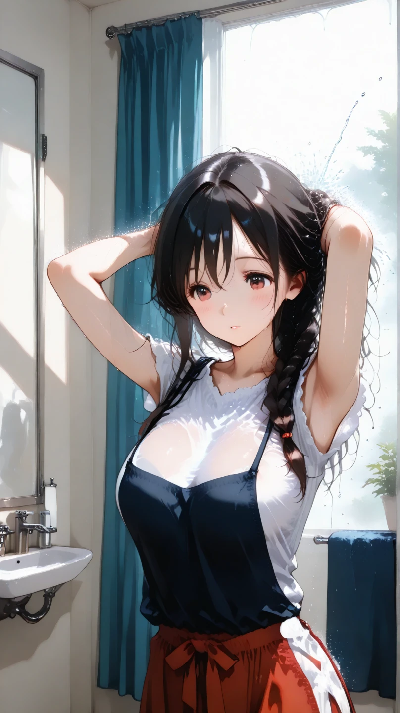 1 female,black hair,25 years old,(((blue shiny micro tight skirt)))((white tank top))(((blush、open mouth smile)),(((straight hair))),(((portrait))),crowd,,(wet with sweat)((sexy black bra and see-through tank top))(leather thigh high boots)(((big breasts)))