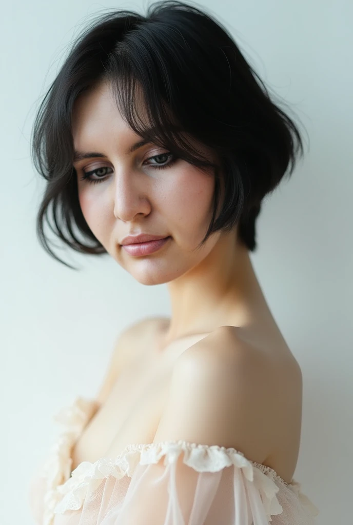 A striking teen adult model with a black bob haircut and angelic features poses, age 18, nude, emo, goth, (((fully naked))), youthful, energetic, playful, posing, by Tim Walker, full body, 
