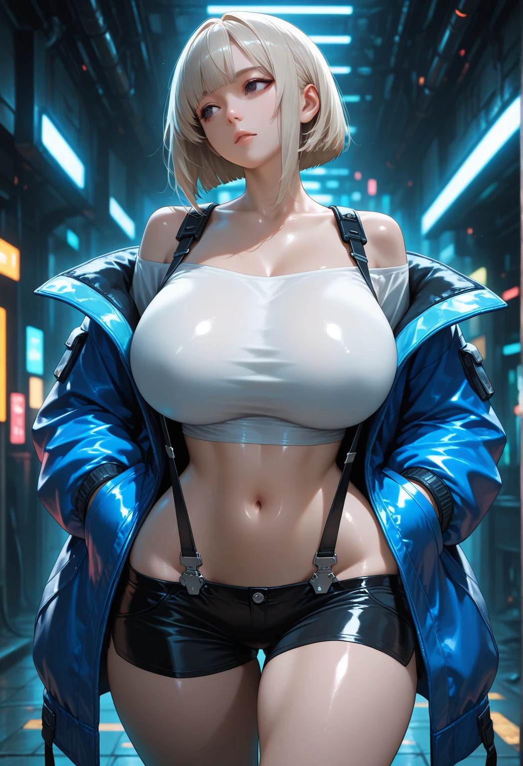 ((best quality: 1.4)),((masterpiece: 1.4)),((highly detailed: 1.4)),8K,RAW,((photografic: 1.4)),bokeh,sharpeness,((cinematic: 1.4)),Super-resolution,Super-realistic,Super-resolution,volumetric,ant-aliasinuted colors: 1.4)),UHD,high details,contour,((deep of field: 1.4)),grain,noise,reflections,70mm lenses,((1 cyberpunk girl)),((full body view)),((huge boobs: 1.2)),((white half open shirt)),((pink miniskirt)),earring((blonde hair,ponytail: 1.3)),((hollywood lips: 1.4)),((pale skin: 1.2)),((body abs: 1.1)),