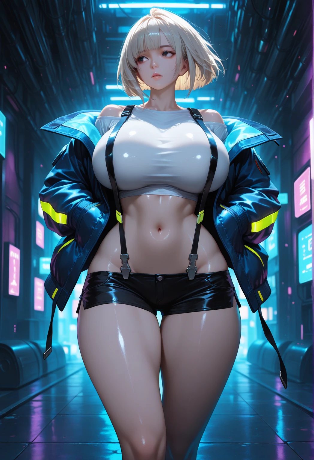 solo, 1girl, full body nude, (electric red green hair), (electric yellow eyes), ((Cyber punk outfit)), (symmetrical eyes), (Perfect face), (Perfect ???????), (looking at viewer), (cyber shot), ((Glitch Art background)), (glitch art:1.3) ((glitch effect)), (8k), (HD), (Cinematography)