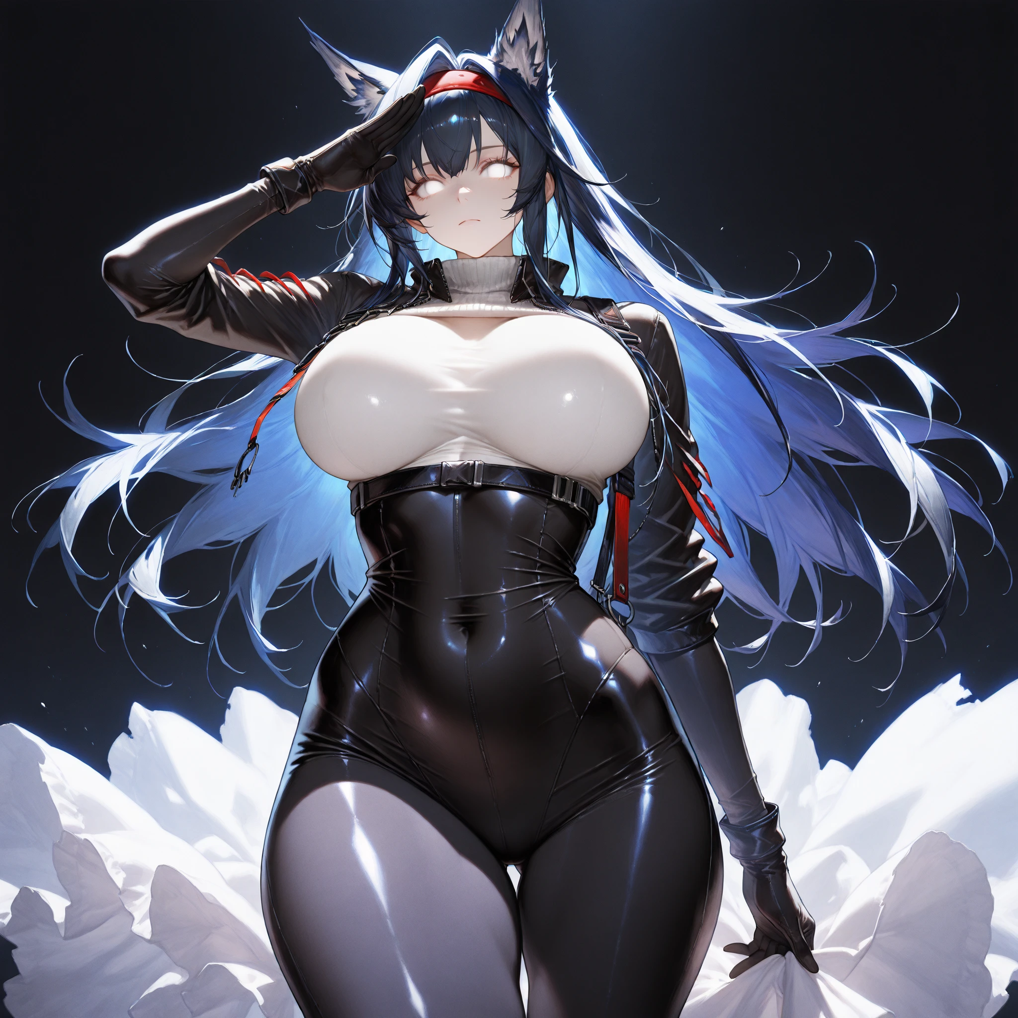 1 girl, bright blue hair with long ponytail, sexy business suit, skirt and jacket, deep semi-open neckline, with cat ears, big breasts, wide hips, with a background on the night beach, wallpaper pc