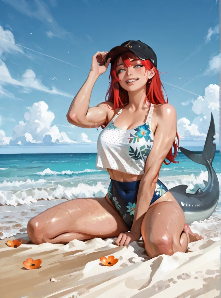 Masterpiece, top quality, red hair, Japan people. Detached sleeves. Smiling face. Long hair. Beautiful woman. Swim in the sea. Bikini. Swim in the deep sea. Dive into the sea. Swim with dolphins.