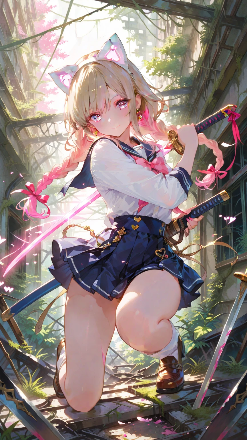 masterpiece, Highest quality, Sophia Estido, Barrette, Pink Shirt, corset, Pencil Skirt, stockings, Knee-high boots, standing, ((Holding a sword in his right hand)), Combat pose、Spread your legs、Bend both knees slightly、Quiz Formula, Looking at the audience, rocky coast, big, null, Skirt Lift, Boldly lifting up her skirt, Girl possessed by a man、((Ahegao、Please open your mouth wide、((Close your eyes))、mix、White panties))、((Screaming face))、((Embarrassed expression))、((Troubled face))、((Turn your shirt up yourself:1.5、Showing off her bra))、Half Squat、Place your heels on the ground、whole body