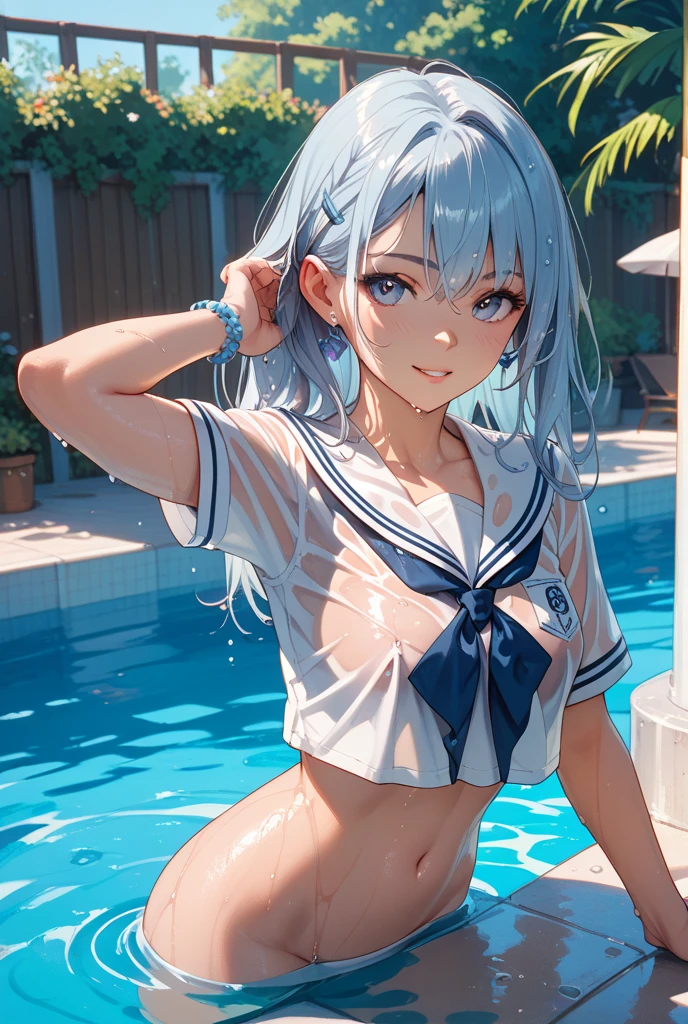 Cornflower art, dreamy, (masterpiece, top quality, perfect anatomy, beautiful face, realistic, super detailed, 1 girl, 18 ears senile, solo, depth of field, canon 24mm lens, f1.4, cute_girl, sailor_ collar, clear facial features, short sleeves, small breasts, slender stature, height 170, barefoot, double ponytail, bangs, gravure pose, outdoor, jungle, Blurred background, (Uwabaki: 1.1576)) all over body, clear liquid dripping from the crotch, the front of the shirt is exposed, the breasts are visible, transparent bra, light blue striped buns, erotic,, nrfw,