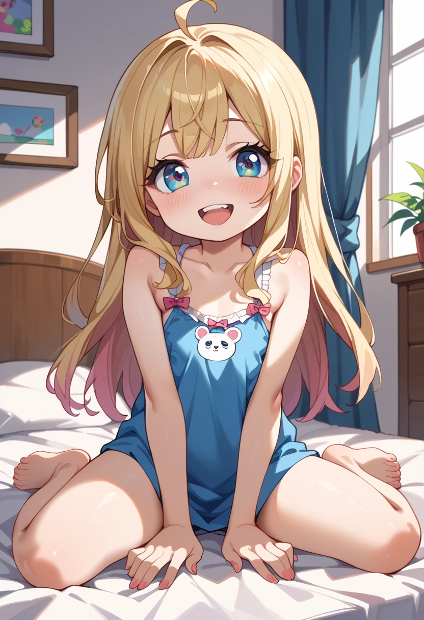 Browsing Caution,blonde,Twin tails,((Very small boobs)),Flat chest,(((steam around pussy))),(clitoris, urethra, close-up crotch, crotch focus), (((open vagina,lying,spread legs,spread pussy))),(pink cardigan,school girl uniform,blue skirt,bed,white high socks),((sweat,blush)),((happy,smile)),((sex))