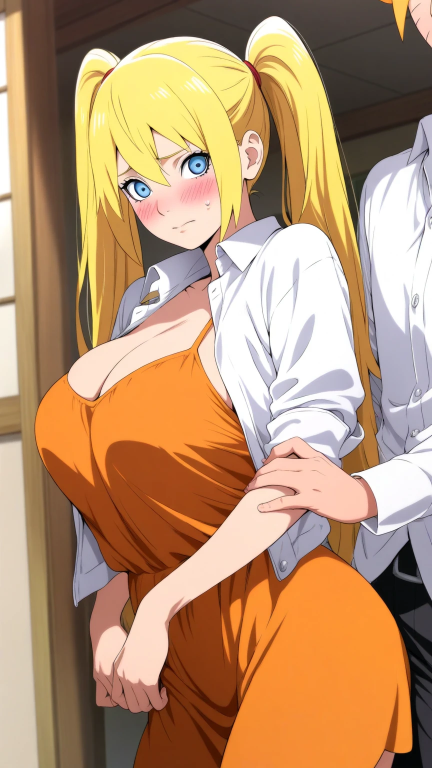 (white serafuku : 1.5), navel, blue pleated skirt, yellow bowtie, mall indoor background, matsumoto rangiku, anime cels style, best quality, high resolution, (huge breasts:1.3), cowboy shot, (potrait body), blue eyes, Blonde hair, bangs,Long_hair, 1 girl, looking at viewer, beautiful face, Beautiful Finger, Beautiful long legs, Beautiful body, Beautiful Nose,Beautiful character design, light smile, beautiful nipples