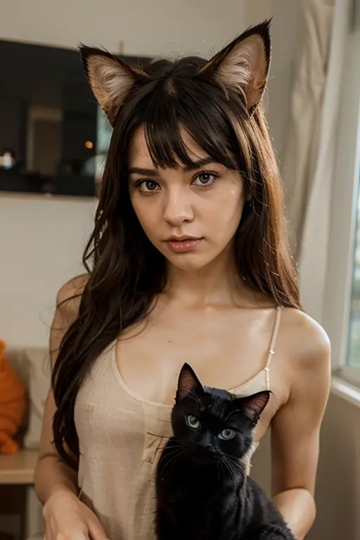 ((Masterpiece)), 8K, wide-shot, cinematic lighting, very messy hair, (exposed breast, badly tattered and torn dirty white-camisole, Slender small breasts, Cheerful smile face), slum square, (manacles, walk), Textured skin, cat ears, dirty brown hair, Cute Beautiful girl