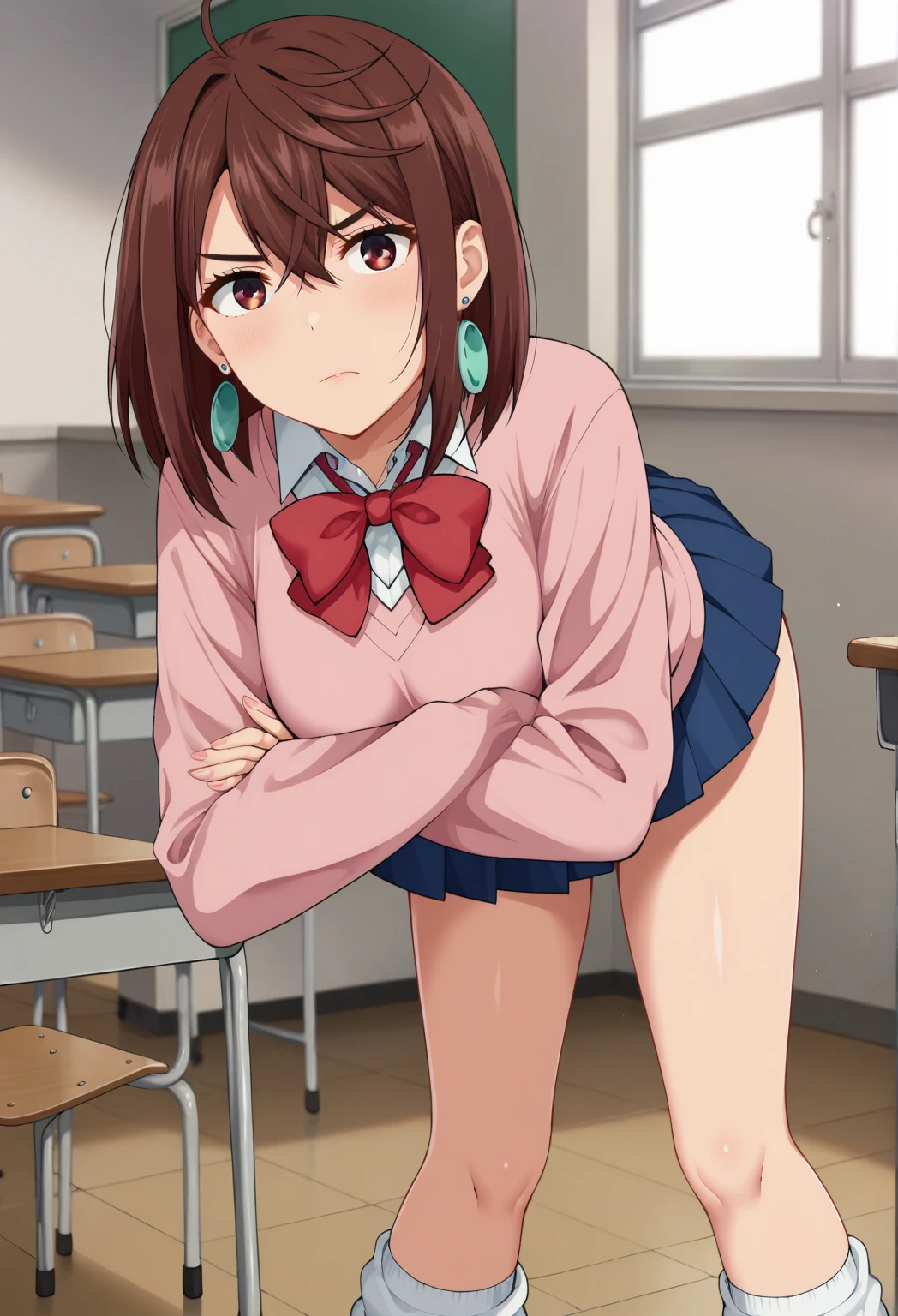Japanese young girl, young face, perfect face, short twin tail, short height, small breasts, slender, classroom, standing in front of the desk, wearing only pink panties, disgusting face, crying face