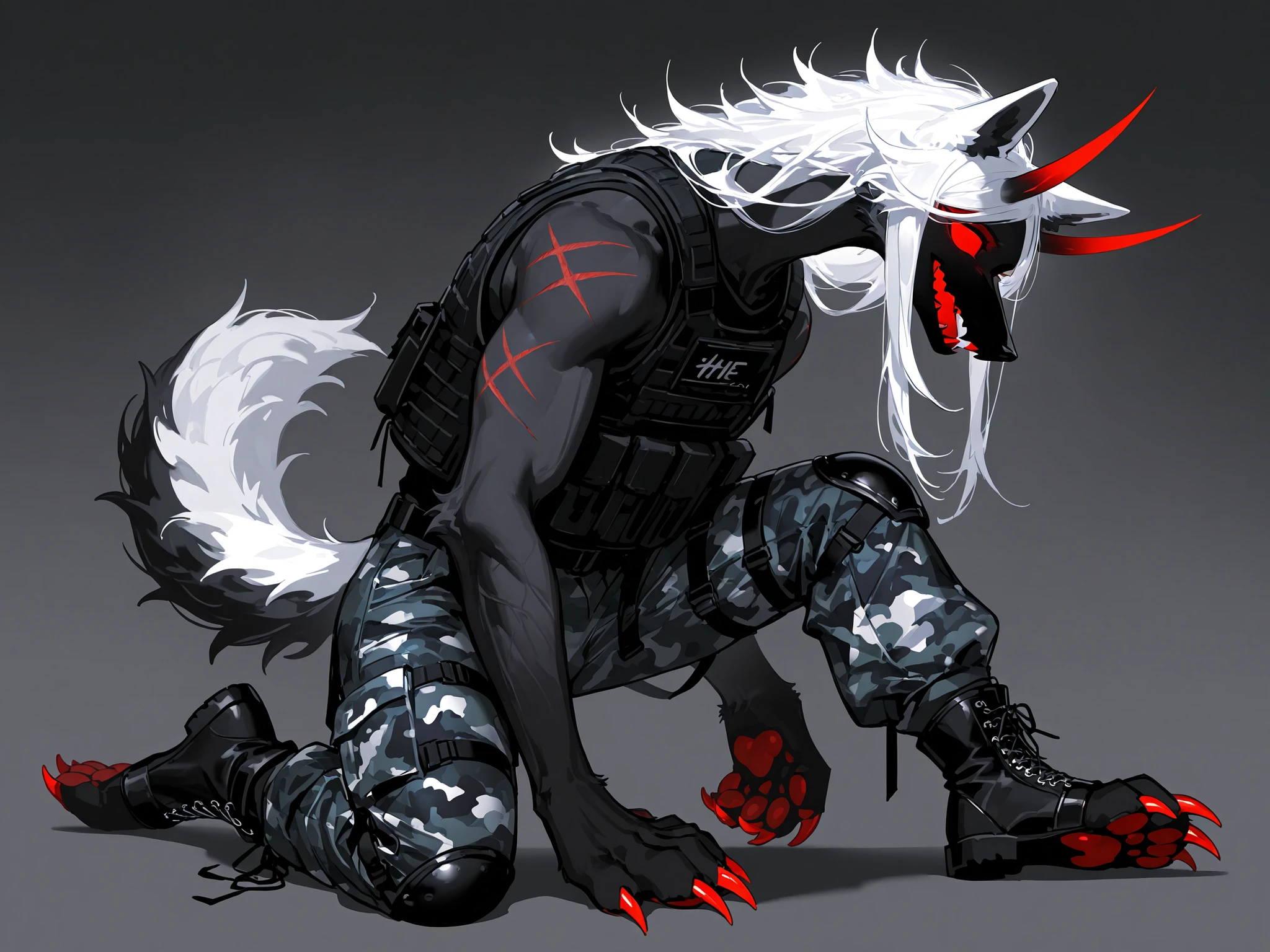 (Canine paws,xxx667_illu, paws pads, metacarpal paws pads,claws, detailed paws, [color] paws,)A tall furry demon who looks like a middle-aged man. He has darkest black furry skin, a strong, muscular build, and a broad-shouldered figure. He has a long neck and long pointed jackal ears, a long black wolf's bushy tail. He has sharp claws and dog paws. He has a pair of sharp devil horns on his head. He has scarlet sclera and black empty eyes. He has sharp triangular golden fangs. He has short white hair. He is wearing a tattered black sleeveless T-shirt with claw marks, he has black army camouflage trousers with lots of straps and pockets, and high army ankle boots with scarlet lacing on his feet. He's wearing a black bulletproof vest.  on the background : an infernal kennel with cages where black hellhounds sit.