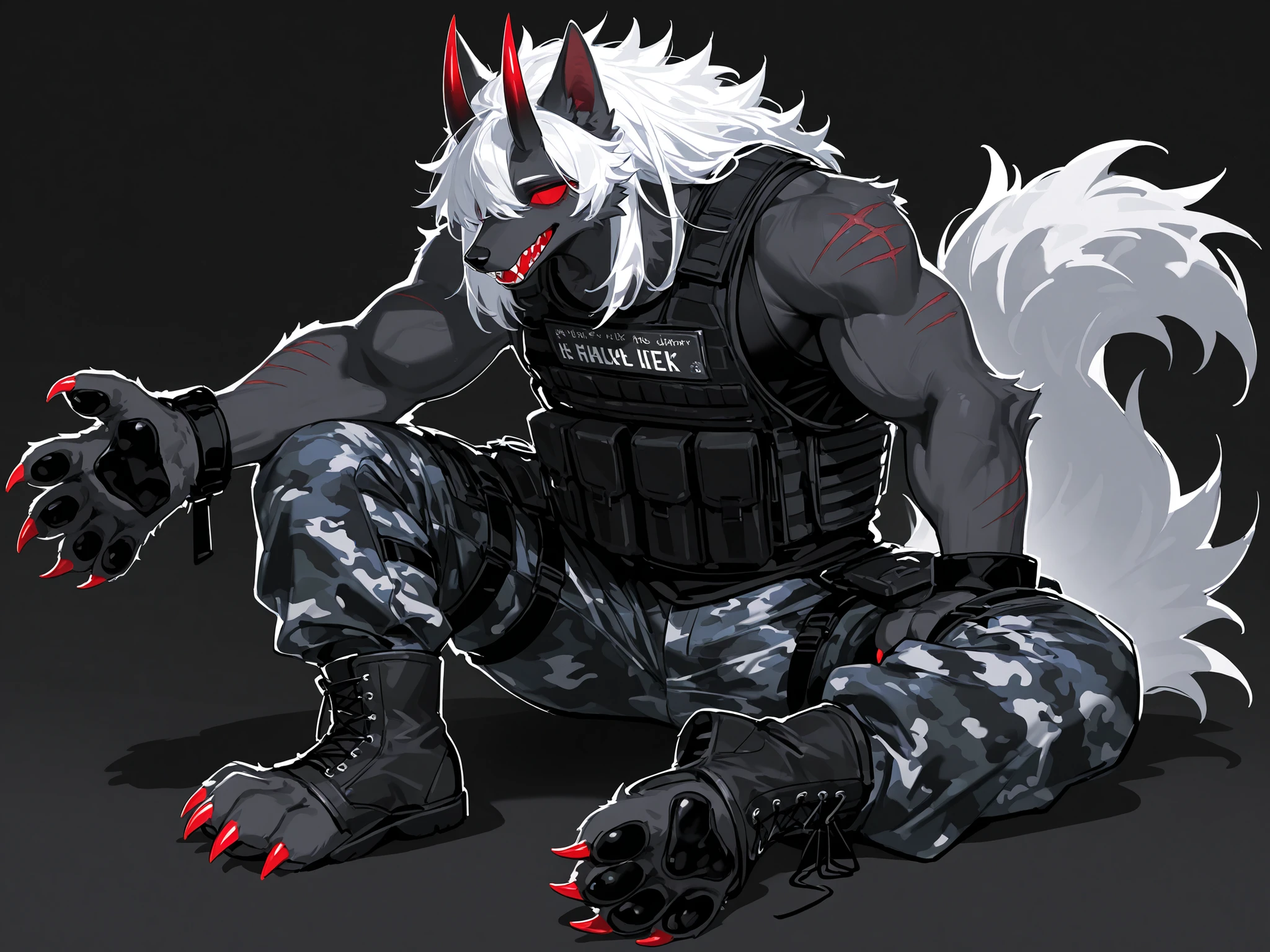 (Canine paws,xxx667_illu, paws pads, metacarpal paws pads,claws, detailed paws, [color] paws,)A tall furry demon who looks like a middle-aged man. He has darkest black furry skin, a strong, muscular build, and a broad-shouldered figure. He has a long neck and long pointed jackal ears, a long black wolf's bushy tail. He has sharp claws and dog paws. He has a pair of sharp devil horns on his head. He has scarlet sclera and black empty eyes. He has sharp triangular golden fangs. He has short white hair. He is wearing a tattered black sleeveless T-shirt with claw marks, he has black army camouflage trousers with lots of straps and pockets, and high army ankle boots with scarlet lacing on his feet. He's wearing a black bulletproof vest.  on the background : an infernal kennel with cages where black hellhounds sit.