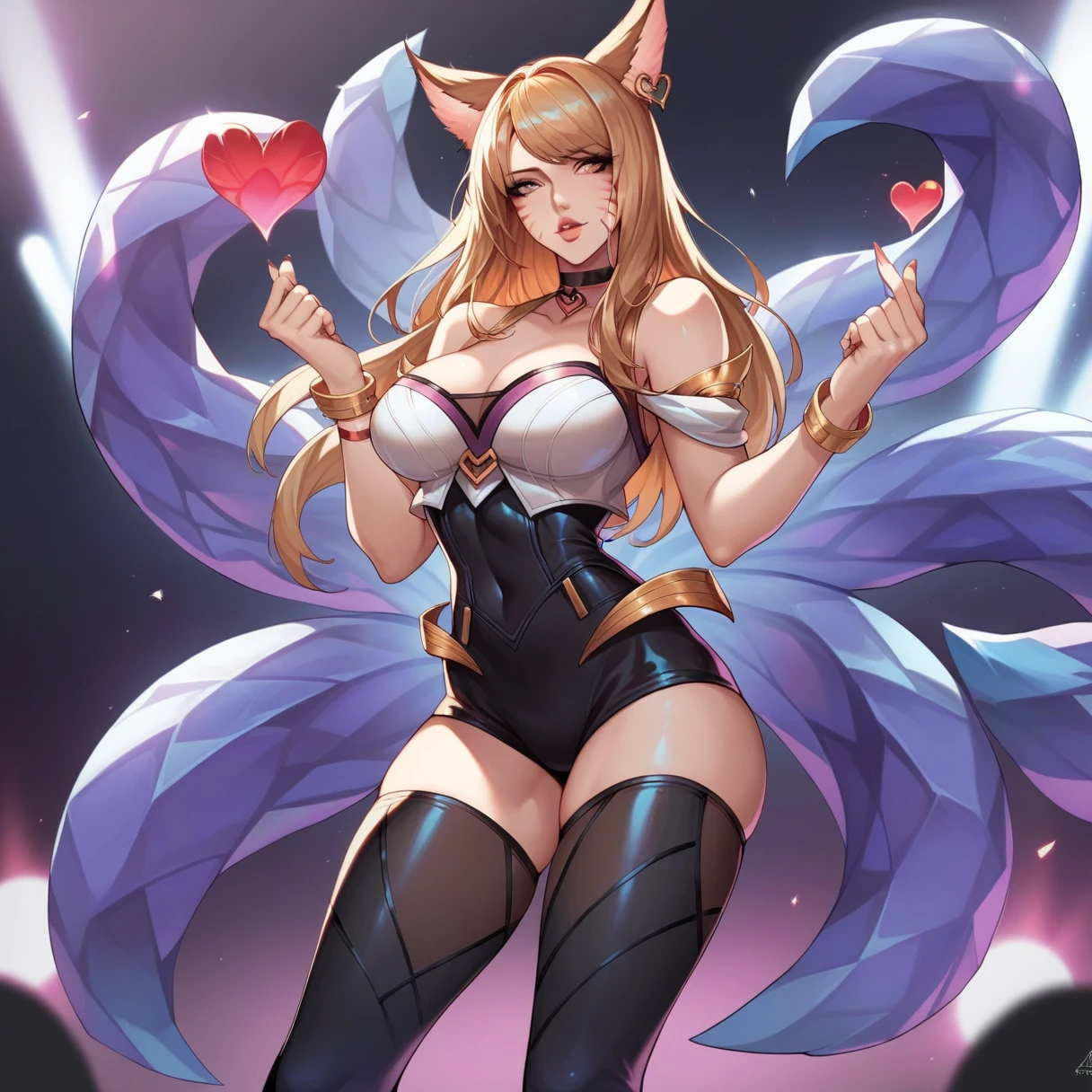 score_9, score_8_up, score_7_up, ahri (league of legends), 1girl, yellow cat eyes, sexy, full body, squinty eyes, earrings, wavy yellow hair, fox ears, 9 tails, long eyelashes, glitter dress, big bust