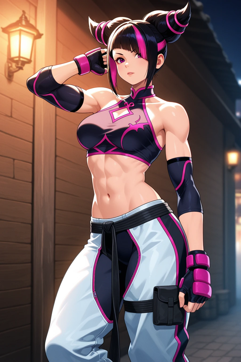 Yuri from The Dirty Pair, ((long dark blue hair, big bangs, headband, glowing blue eyes, makeup, narrow waist, skinny, medium breasts)), pelvic curtain, ((white panties, white bra)), full body, perfect body, (insanely detailed, beautiful detailed face, masterpiece, best quality) , (((solo))), (((1girl))), (((mature))), (extremely detailed 8k paper CG wall unit: 1.1), (Dance Room, Dirty Dancing, dusk), (smile face for the viewer), big ass, underbutt, behind, below, holding retro space-gun,