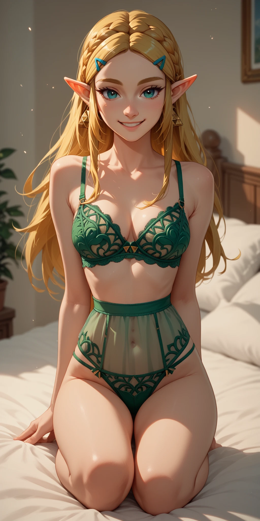 (best quality, ultra-detailed, photorealistic: 1.39), bright and vibrant colors, studio lighting, romantic expression, An effeminate girl, with a delicate and beautiful face. Beautiful and adult woman with her with long braid blonder hair matches the makeup, her green eyes and mischievous red parted lips, with her large seductive breasts, cleavage, blonder hair, voluminous breasts, voluminous breasts, plaid shorts, long black lace socks, lace strapless blouse, goth. She have a horny face, like a manwha character, chain details, walking in leaning pose in his room, seductive cleavage, manga style, anime features manga style, fully body, create a female sensual character