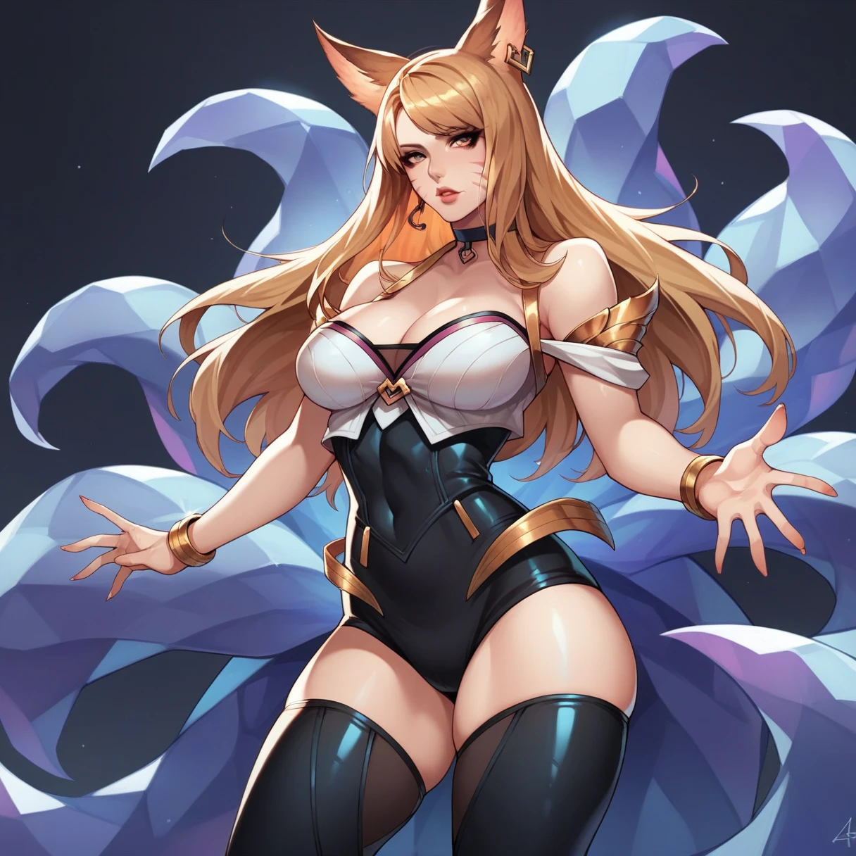 best quality,masterpiece,8k wallpaper,absurdres, highres, ultra detailed, (1 young beautiful girl, solo:1.1),realistic,k/da (league of legends), solo, animal ears,gloves, fox ears, hair ornament, long hair, blonde hair,blue eyes, whisker markings, fingerless gloves, pink hair,multicolored hair,official alternate costume, asymmetrical clothes, makeup, facial mark, hairclip, medium breasts, athletic body, slimskirt, thigh strap, lips, gradient hair, fox tail, single glove,fox tail, (nine-tailed fox (mythological creature):1.3),A fairytale land where magical creatures live and thrive,BREAK