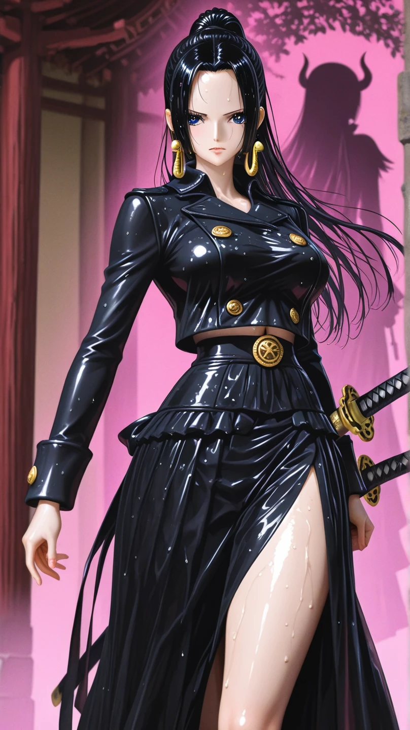 Melhor qualidade, mulher de cabelos pretos compridos, Red bikini with scales of yellow snakes middlebreasts, olhos vermelhos brilhantes, cabelo preto, colar, pose sexy, black collared low pants, angry expression with a smile at the corner of his mouth, pose de lado, chapeu de pirata, batom vermelho na boca, bonita, dentro de um navio, em alto mar, mar atras, olhos vermelhos, cabelo comprido pretos, olhos vermelhos brilhantes, pirata, navio de pirata, pose para foto, pose tocando violino com uma katana, tocando um violino com uma katana, encarada mortal, colar, bracelete, usando oculos vermelhos, boa hancok, nami, nico robin