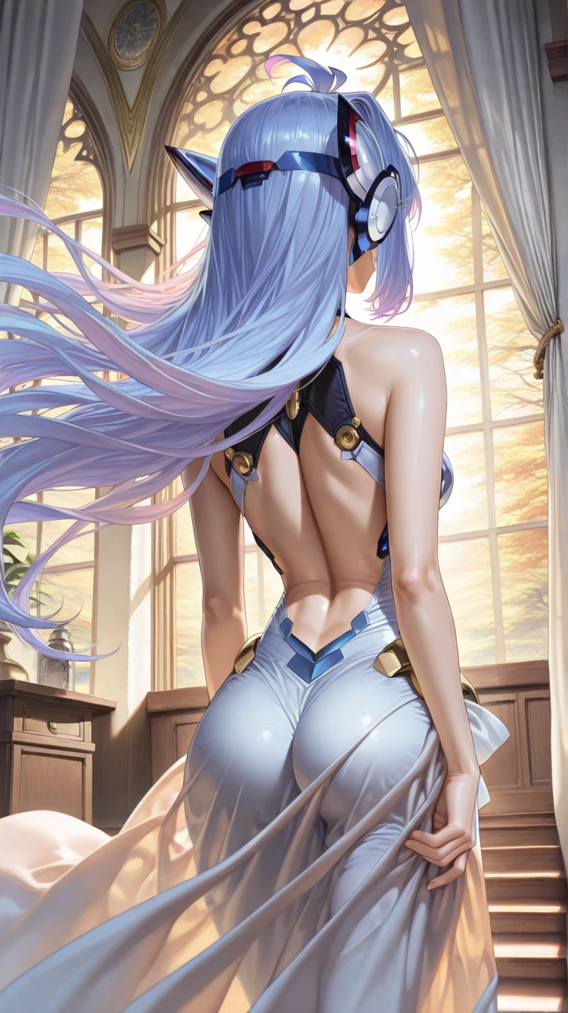 Very detailed、highest quality、Best image quality、masterpiece、8k、Sparkling Blue Eyes、Anime Face、A kind smile、Open Mouth、break、(Long yellow curly hair)、(SFW Giant)、Rear View、Cowboy Shot、(White Thong:1.5)、(Muscles of the whole body)、Horn、ckundies