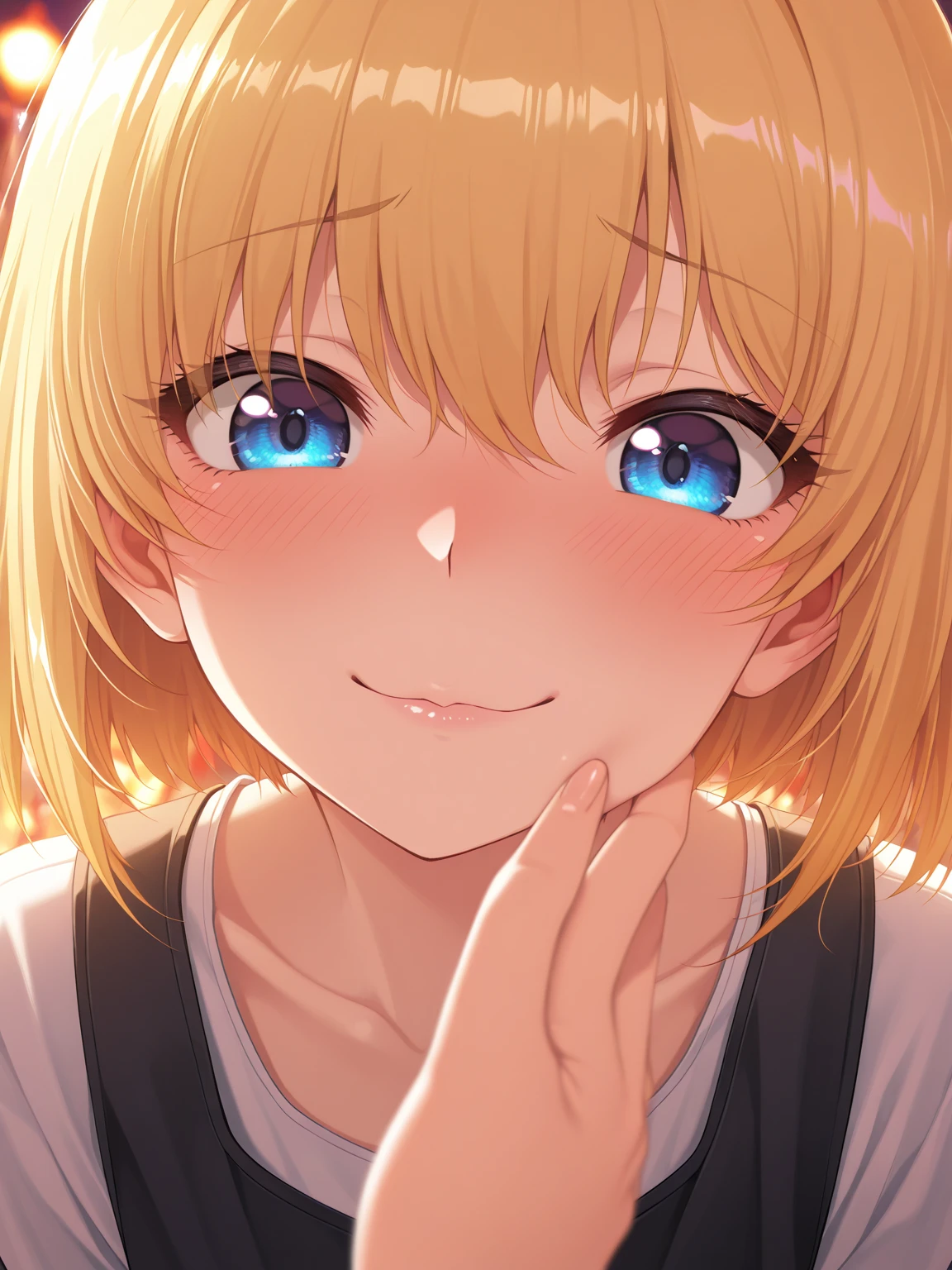 (((One girl))), blond hair, bob cut, (upper body), (looking at viewer), breasts, teenager, head tilt:1.3, (((blue eye))), ((happy smile)), ((full face blush)), tongue out, open mouth, school summer uniform, white shirts, black skirt, cleavage, anime style, (best quality, 4k, 8k, highres, masterpiece:1.2, ultra-detailed, ultra-detailed eyes, HDR, UHD, studio lighting, ultra-fine painting, sharp focus, physically-based rendering, extreme detail description, professional, vivid colors, bokeh)