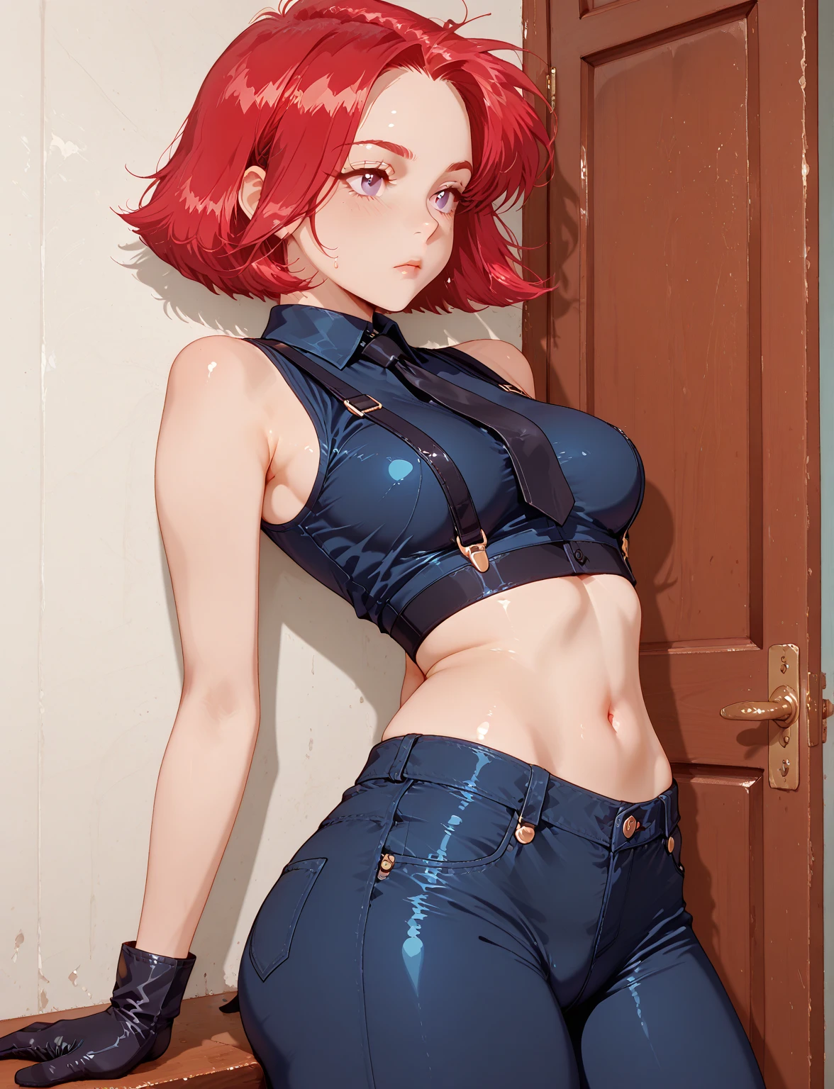 (Masterpiece, Best Quality, High Quality), facing viewer,volumetric lighting, illustration, beautiful, tight , Blushing, looking at viewer, blue leather bra top, blue leather small jacket, blue leather shorts,solo, posing for picture, seductive, perfect lighting, perfect shadows, nishikino maki, purple eyes,red hair, arms up , belt, wet and moist skin