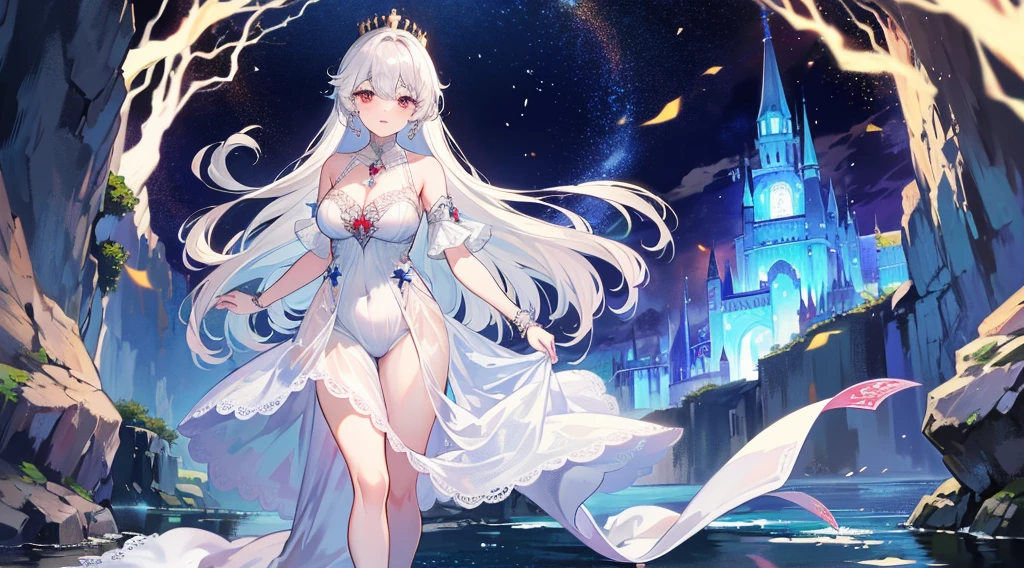 The girl had silver hair, que brillaba al sol, y ojos azules brillantes que brillaban como diamantes. Her figure was wrapped in a flowy dress., mientras alas plateadas brotaban de su espalda. On her head was a diamond crown that shone even in the shadows..