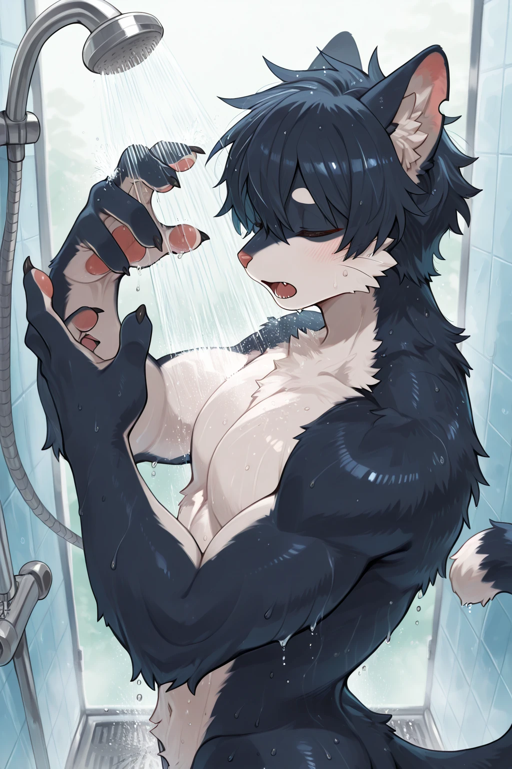 Wolf boy, young style, small boy, naked, erection, spasm, shaking, trembling, quivering, trembling, writhing, nipples, anime style, alone, intense, whole body, sweaty, spasmodic orgasm, back visible, penis visible, belly visible, feeling, full color, shower room, dynamic angle, furry, black fur, beastman, furry, tail, arching back, , back view