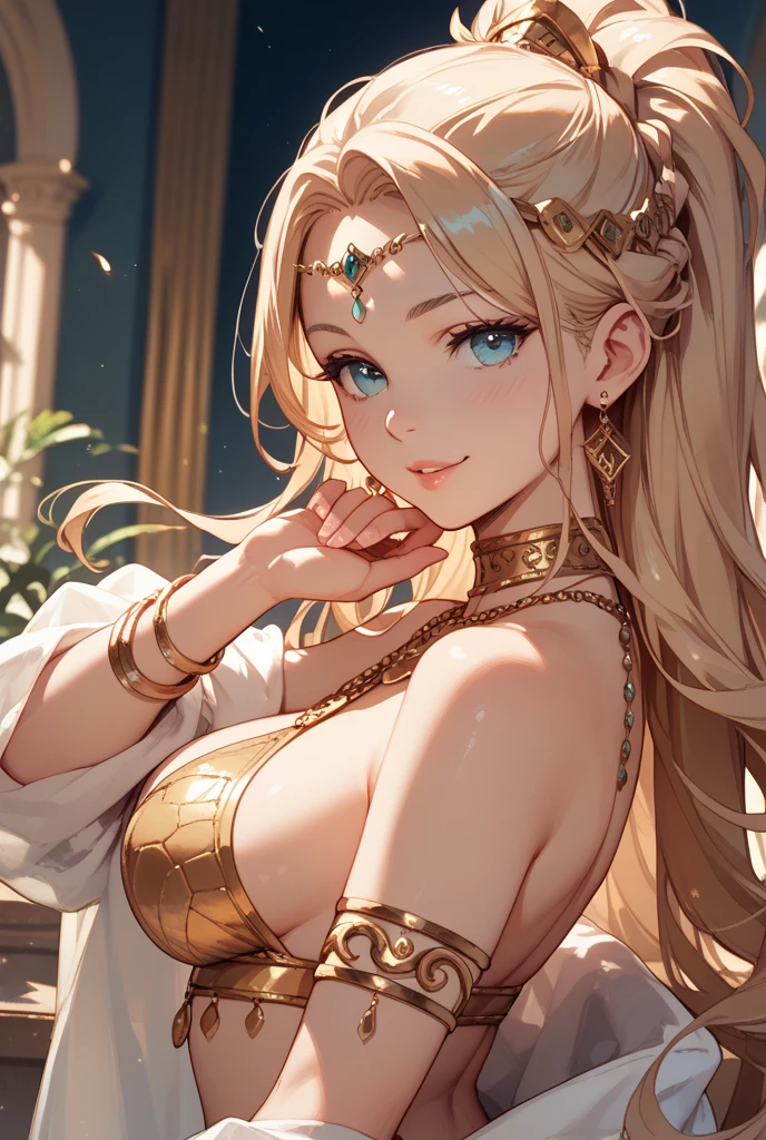 nsfw,masterpiece、highest quality、High resolution、high quality images、8K, 1 female、skin luster、skin texture、Expression of fine eyes、(Shiny bright golden hair:1.8),Girl with long braided hair, realism, Detailed manga style, Manga art style, Perfect Line Drawing, beautiful line drawing, digital manga art girl, beautiful light blue eyes, Clear, beautiful eyes、plump lips, Detailed gorgeous face, (cute smile), charm, Front view, (perfectly detailed face), (fine hands) 、photorealistic images, Depth of written boundary, Princess hairstyle, Princess、Corolla on the head , face forward , night sky , night view ,beautiful starry sky , romanticism、(All nude:1.5)、(medium breasts:1.5)、smile、blush、princess tiara、Fluffy blonde、Gorgeous blue sparkling earrings、Gorgeous gold bracelet、Gorgeous gold anklets、Gorgeous gold nipple rings、Palace balcony、Nadia: The Secret of Blue Water Necklace、(oblong face:1.5)、(Sparkling Glitter:1.2)、Cover your forehead with bangs、Bangs between the eyes、(full body:1.0)、(standing:1.3)、(portrait:1.6)