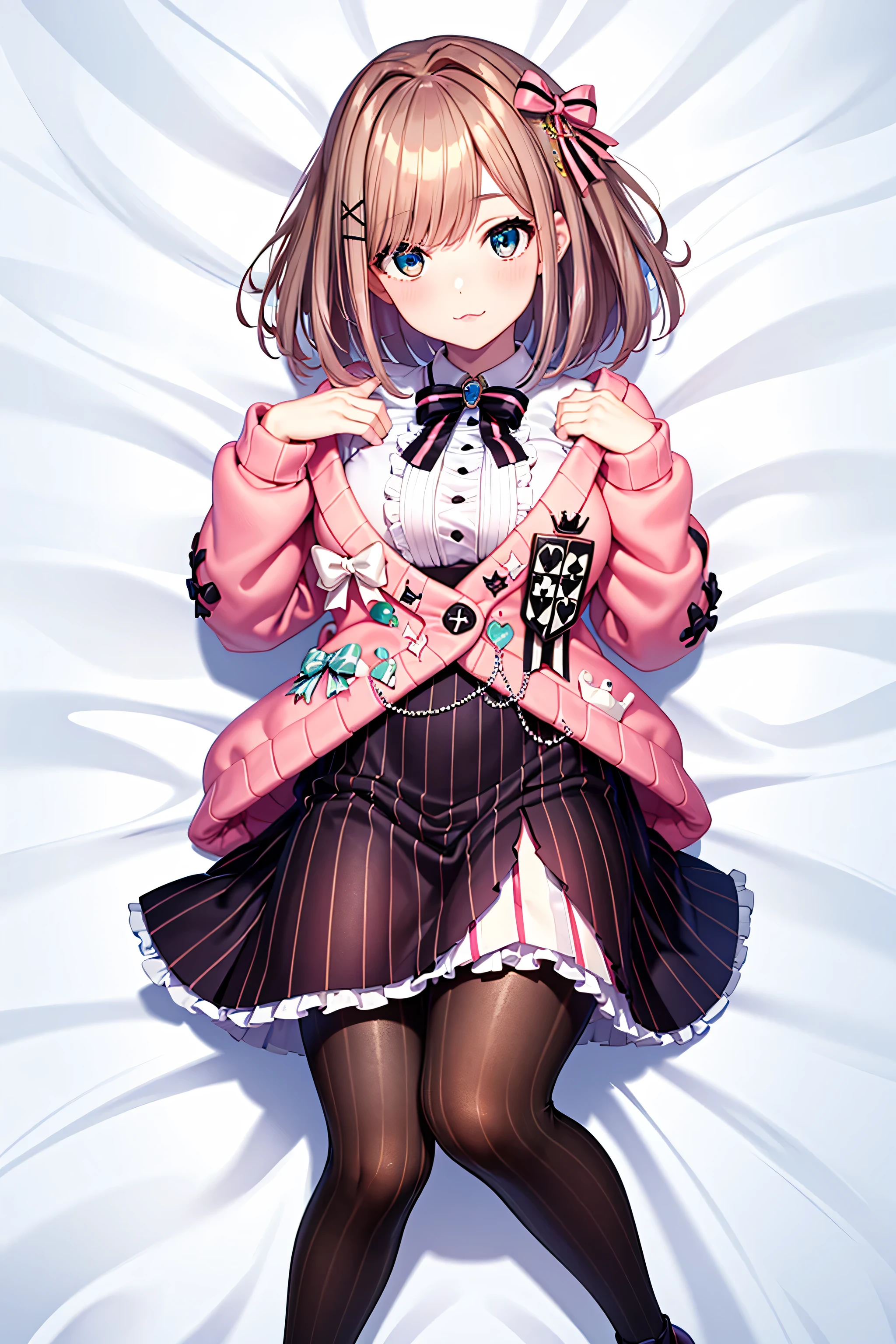 hmsl1, (1 person:1.5), Suzuhara Ruru, medium hair, pink ribbon, chest, gem, pink cardigan, brooch, WHITE SHIRT, vertical stripe miniskirt, vertical stripe pantyhose , Embarrassing, Red cheeks, Seducing Men, white sheets, lie on your back, Full Body, 8 heads