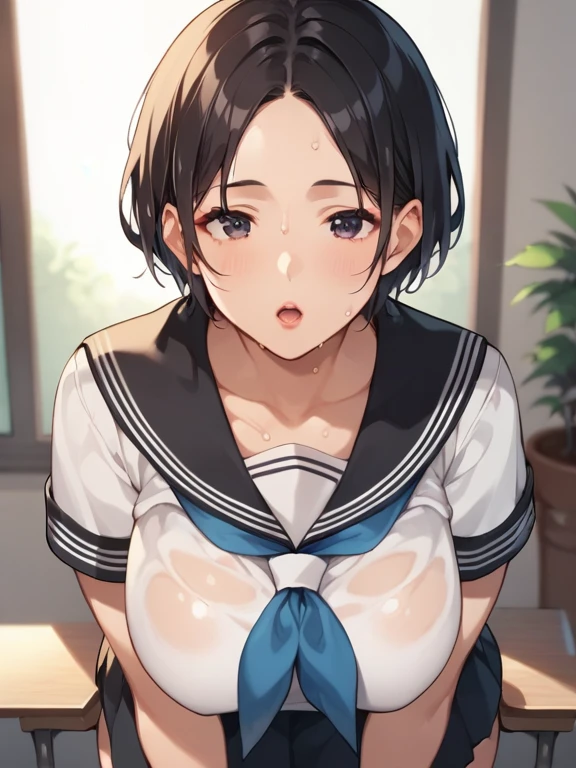 (((masterpiece, Highest quality, High resolution, 超High resolution, Pixel perfect, Written boundary depth, 4K, About RTTX10.0))), Beautiful Anime Women, Beautiful art style, Anime characters, ((Smooth texture, Realistic texture, Anime CG Style)), Exact finger count、Exact number of legs、(Exact number of arms:1.0, Exact number of hands:1.0), (Perfect hands, Perfect Anatomy), Cinematic, Realistic, Highly detailed CG, Daytime lighting, Perfect lighting, Best Shadow, The best natural light, whole body, Perfect body, (Slender body:1.2), whole body, ((bangs, Dark brown hair, Bobcut)), ((One woman is kneeling, looking up and gazing open-mouthed., sleep:1.4)), ((Beautiful eyelashes)), ((Detailed face, Blushing:1.2)), ((Beautiful and large breasts)), (Amazingly beautiful girl), (School classroom:1.3), (Fashionable white shirt, Sailor collar, Navy blue sailor suit, Knee-high socks, Navy pleated mini skirt:1.3), (Open your mouth wide:1.5), ((close your eyes:1)), ((cute, Sighing expression)), Breathe with your shoulders, sexual pleasure expression, Holding in pee、Patience is the limit、On the brink of climax, (Perfect Anatomy, Perfect number of arms, Perfect hands)、(cum on face, cumin mouth:1.7), Look up, A &#39;Phew&#39; sound, Surprised expression, Angle from above right, (My face is covered in sticky white liquid,　There is a lot of sticky  in the mouth:1.7)、fellatio