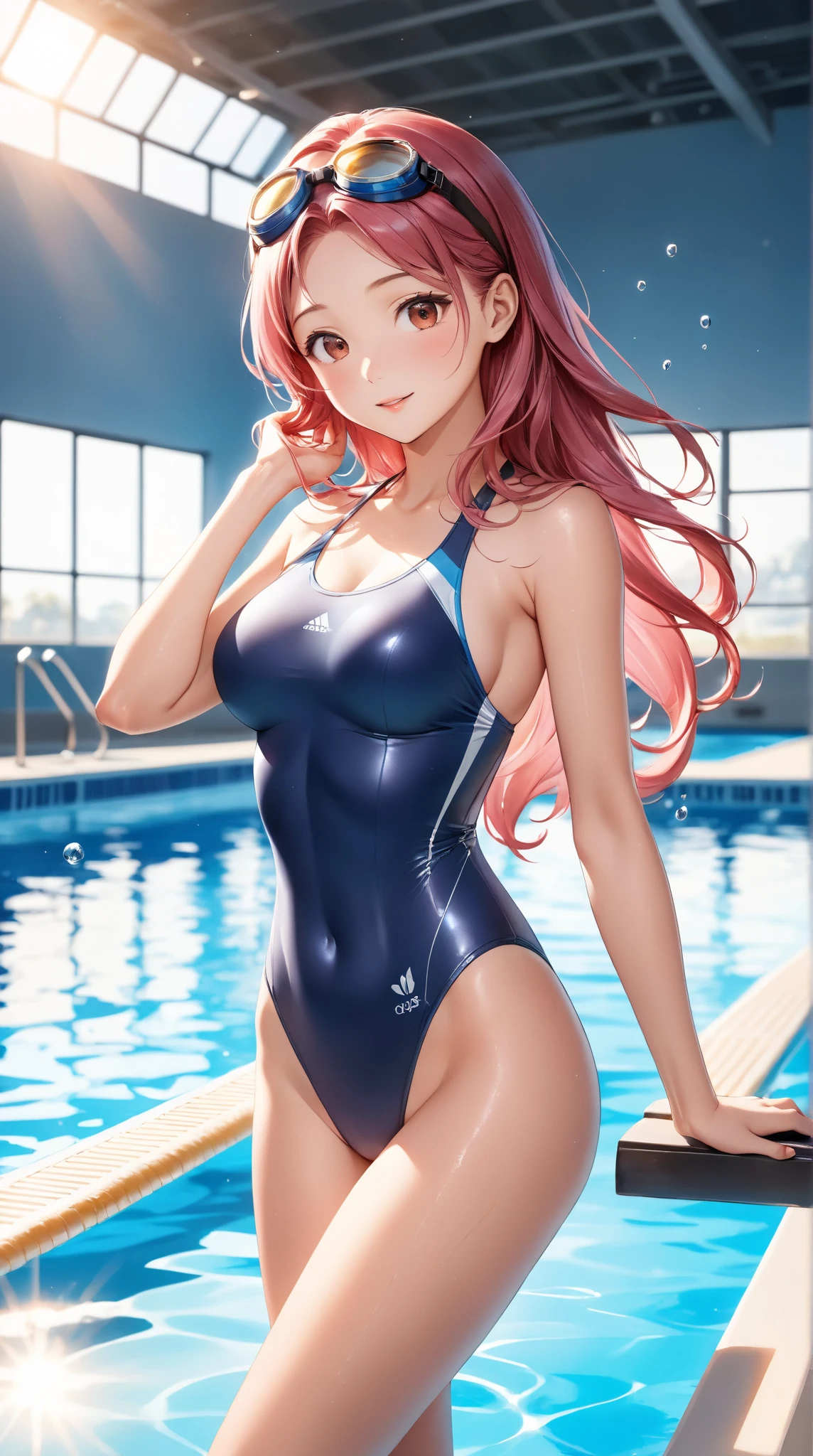 masterpiece, Best quality, Hi-Res ,, One Girl, Solo, Green Eyes, Long Hair, Red Hair,, Bangs, Eyebrows, Magenta Pink One Piece Swimsuit, Poolside, Open Mouth, Smile, Wet, --auto --s2