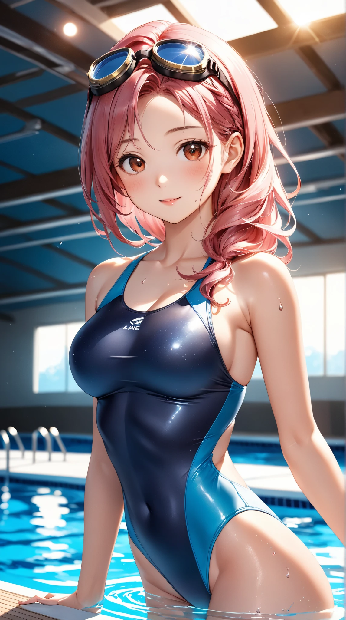 (school swimsuit), ((4 defined fingers)), ((1 defined thumb)), (looking at viewer), break, sexy, ((solo)), (1 woman), ((25 years old)), ((highest quality)), ((masterpiece)), (familiar), skindentation, perfect face, 8k , (cowboy shot), break, short hair, (((pink hair1.5))), bob cut, black eye, smile, thin thighs, medium breasts, perfect limbs, sexy, standing, ((hand on hip)),