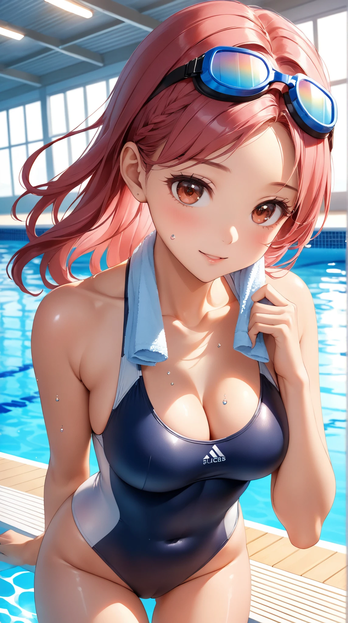 (((locker room:1.3))),(((Changing clothes in the changing room:1.3))),(((School uniform hanging on a locker:1.3))),(((Bikini Swimwear:1.7)),(((白いBikini Swimwear))),(Dark red ribbon:1.3),Cute face,Extreme close up of face,Shiny light brown and orange striped short hair,Messy ponytail,Cute Smile,Perfect round face,iris,(hairpin、ponytail、Floating Hair、),Large Breasts.Professional Lighting,Cinematic Light,(Tabletop,highest quality,Ultra-high resolution output images,) ,(8K quality,),(Picture Mode Ultra HD,)