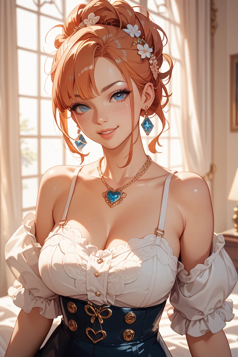  ((((UHD)))), ((((masterpiece)))), super detail, high details, high quality, ((((best quality)))), (((highres))), ((((16k)))), red hair, hair over shoulder, side swept bangs, tiara, jewelry, surgical mask, heart-shaped pupils, one eye closed, sparkling eyes, big beautiful light blue eyes, crystal earrings, grin, bright pupils, seductive smile, red lips, light blush, cheek-to-cheek, sparkle, god rays, backlighting, reflection light, bloom, dutch angle, perspective, from above,