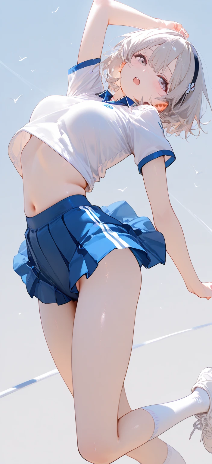 (((masterpiece, Highest quality, High resolution, 超High resolution, Perfect Pixel, Depth of written boundary, 4K, RTTX 10.0))), Beautiful Anime Women, Beautiful art style, Anime characters, ((Smooth texture, Realistic texture, Anime CG Style)), Exact finger count、Exact number of legs、(Exact number of arms:1.0, Exact number of hands:1.0), (Perfect hands, Perfect Anatomy.1.5), Cinematic, Realistic, Extremely detailed CG, Daytime lighting, Perfect lighting, Best Shadow, The best natural light, Perfectly balanced style, Perfect body, ((A woman is walking, Back view, The skirt is flipped by the wind:1.3), (Sailor suit, Navy pleated super mini skirt, Black knee socks:1.3), (Sexy and cute magenta panties, Shiny satin side-tie magenta panties, Magenta panties with lace trim around the edges:1.3), (From directly below), (Ass close up:1.3), (In town, City stairs, blue sky)