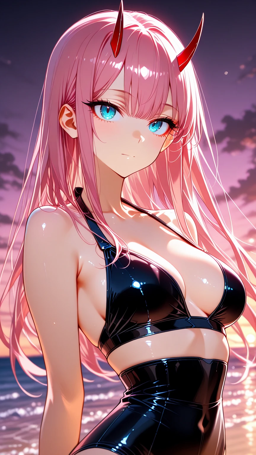 boob, black bikini, cute face, summer, slimy boob, long hair, no hat, pink hair, girl,sweaty